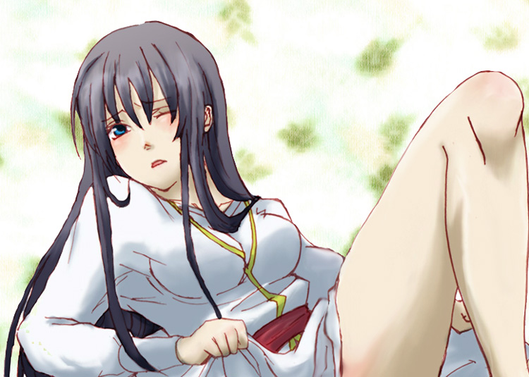 k15, marina ismail, gundam, gundam 00, bad id, bad pixiv id, 00s, 1girl, :o, blush, breasts, female focus, knees up, long sleeves, looking at viewer, parted lips, purple eyes, sidelocks, simple background, solo, white background