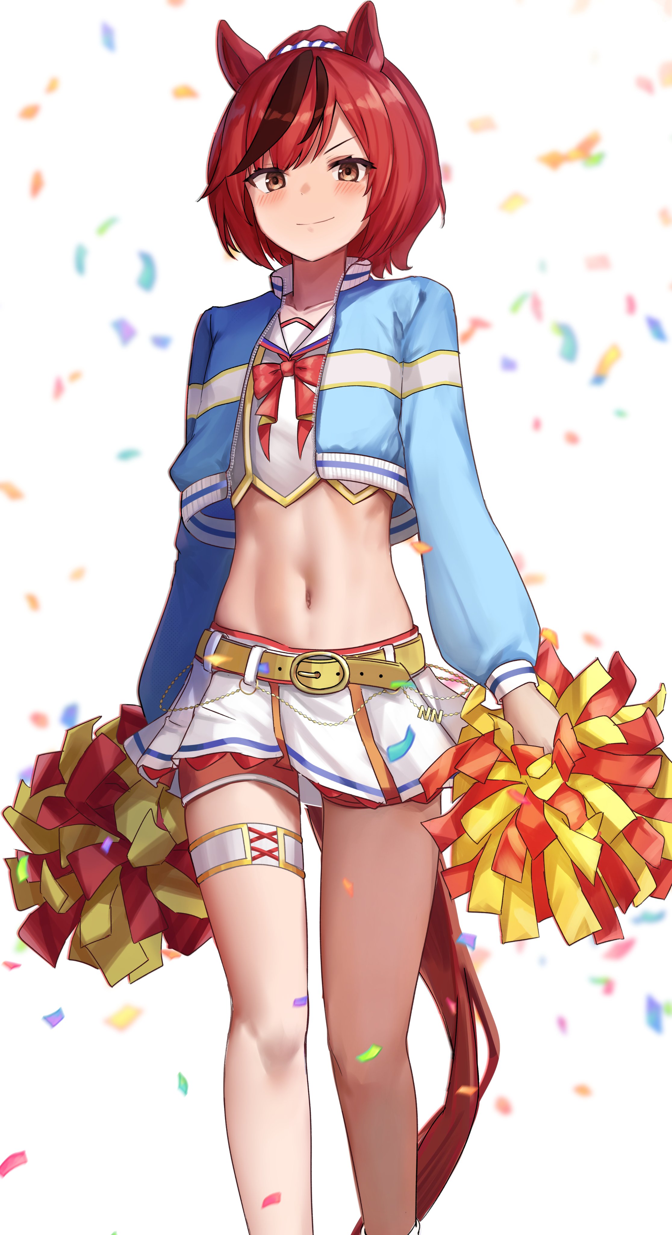 miyama mizuki (hoshihoshi1220), nice nature (run&win) (umamusume), nice nature (umamusume), umamusume, absurdres, commentary request, highres, 1girl, black streaks, blue jacket, blush, bow, bowtie, brown hair, brown tail, cheerleader, closed mouth, confetti, cropped jacket, feet out of frame, holding, holding pom poms, jacket, long sleeves, looking at viewer, midriff, miniskirt, navel, official alternate costume, official alternate hairstyle, open clothes, open jacket, pom pom (cheerleading), pom poms, puffy long sleeves, puffy sleeves, red bow, red bowtie, shirt, simple background, skirt, smile, solo, standing, stomach, thighs, white background, white shirt, white skirt