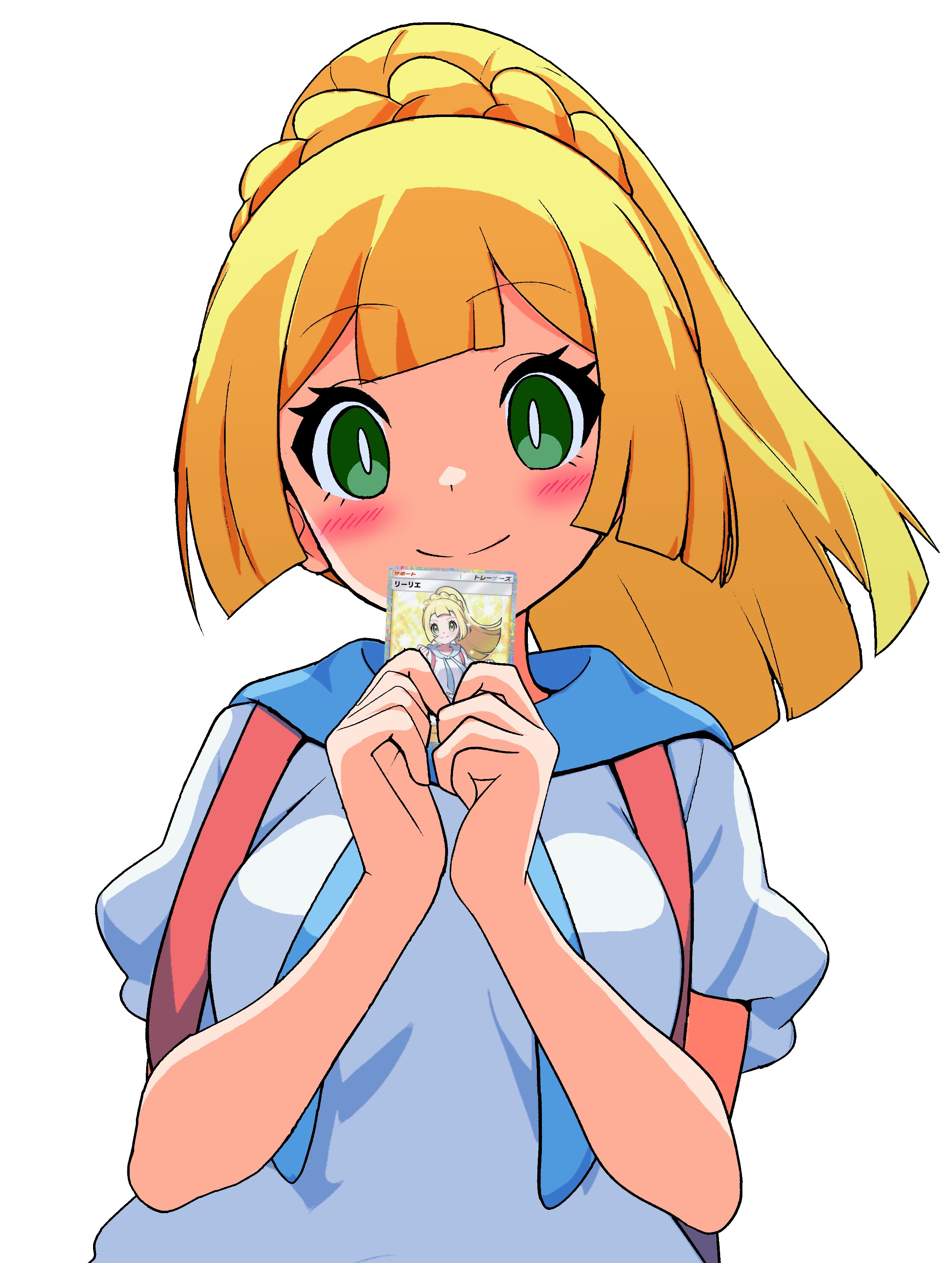 kakk e, lillie (pokemon), pokemon tcg, pokemon tcg pocket, 1girl, blonde hair, card, green eyes, holding, holding card, simple background, white background