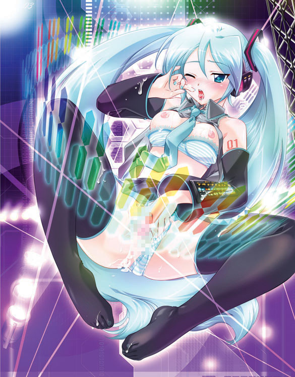 anko koubou, hatsune miku, vocaloid, bad id, bad pixiv id, 1girl, aqua hair, blush, bra, bra pull, breasts, censored, clothes pull, clothing aside, detached sleeves, female focus, female masturbation, lingerie, masturbation, medium breasts, necktie, nipples, one eye closed, panties, panties aside, skirt, solo, striped clothes, striped panties, thighhighs, twintails, underwear, wink