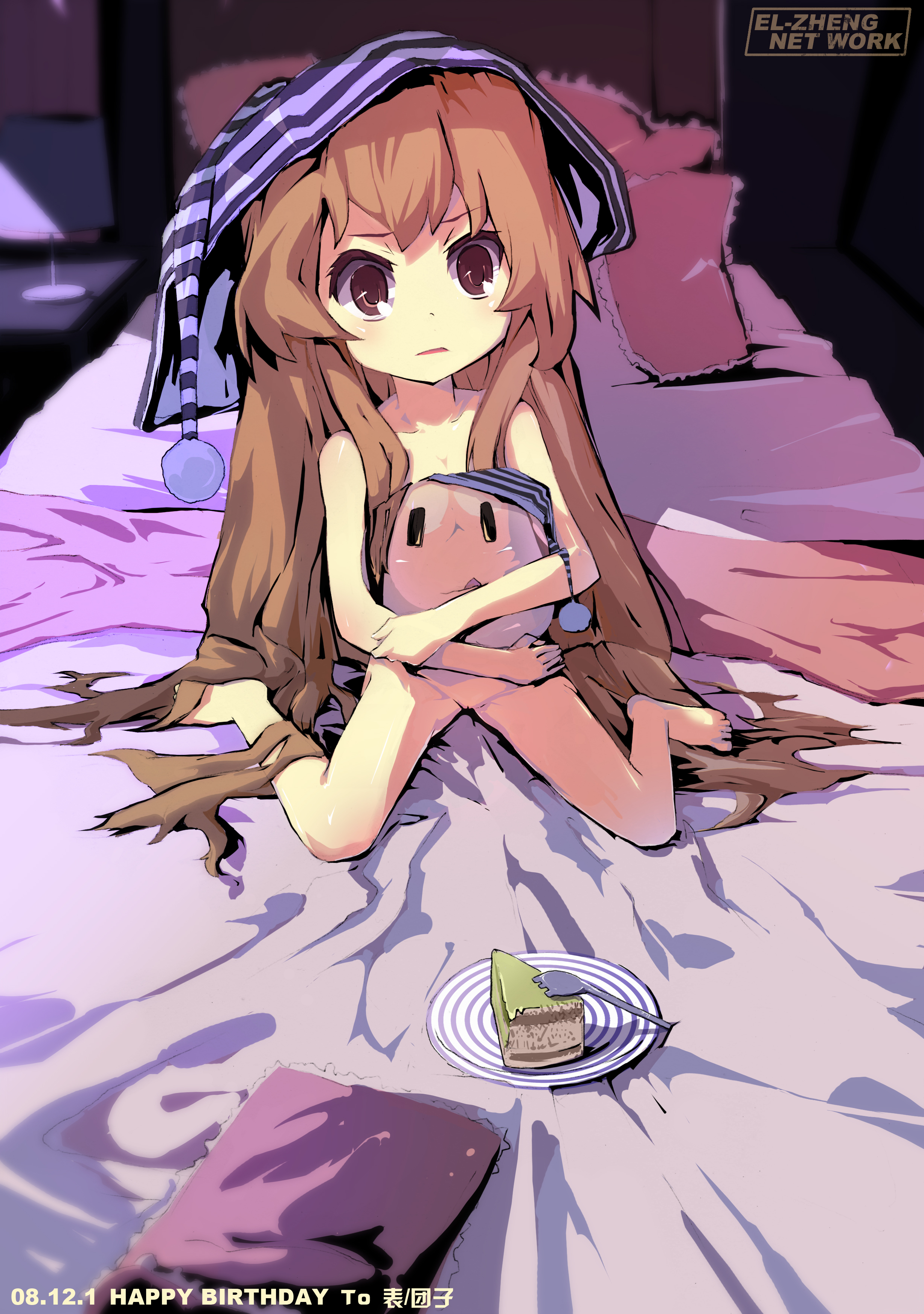 dan evan, aisaka taiga, toradora!, absurdres, highres, 00s, 1girl, barefoot, bed, brown eyes, brown hair, cake, feet, female focus, food, fork, hat, loli, long hair, nightcap, pastry, pillow, pussy, solo, very long hair