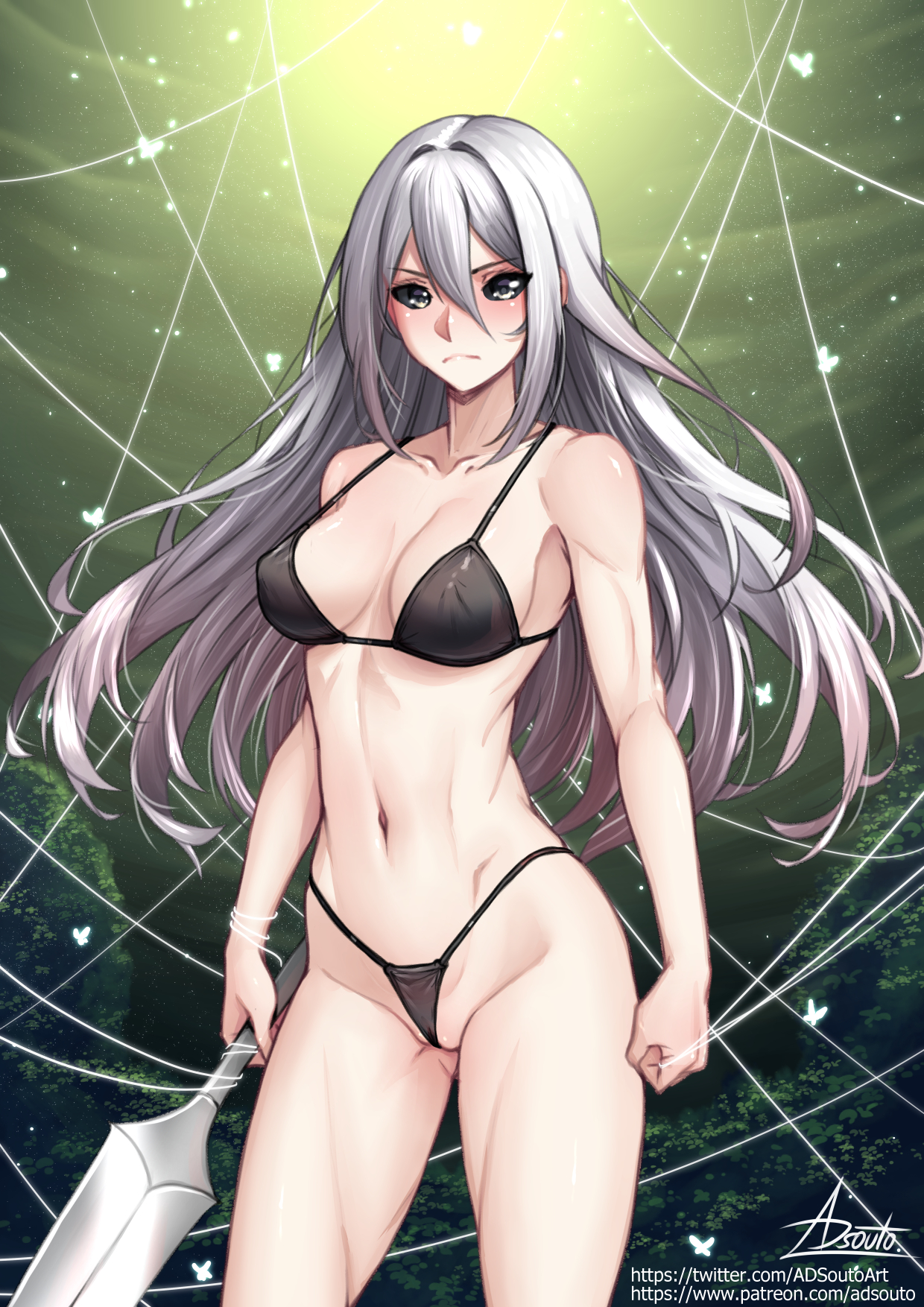 adsouto, hornet (hollow knight), hollow knight, hollow knight: silksong, highres, variant set, 1girl, arms at sides, bikini, black bikini, black sclera, breasts, collarbone, colored sclera, frown, grey eyes, grey hair, hair between eyes, hair intakes, holding, holding polearm, holding weapon, humanization, long hair, medium breasts, navel, needle (hollow knight), polearm, signature, silk, solo, standing, string bikini, swimsuit, weapon