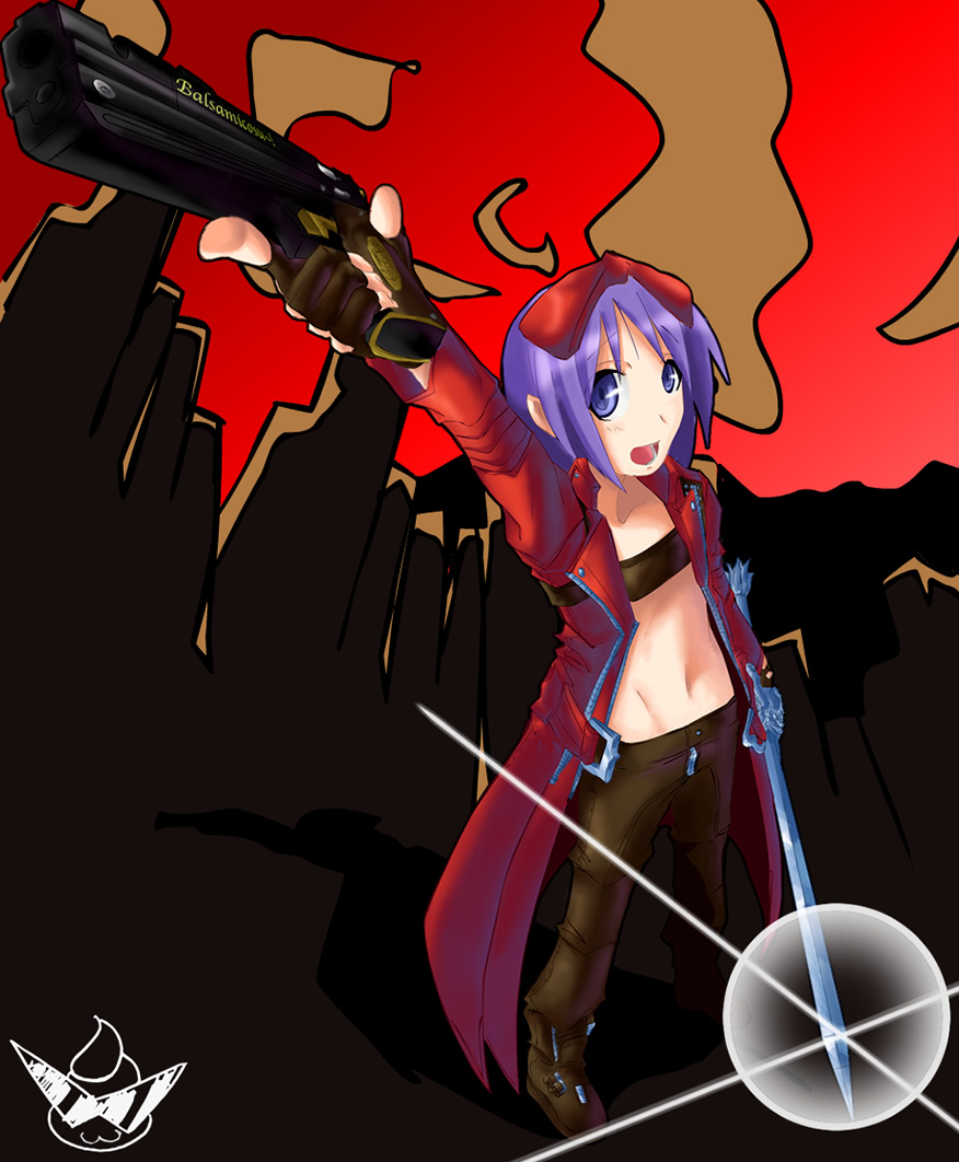 chuunioniika, dante (devil may cry), ebony (devil may cry), hiiragi tsukasa, rebellion (sword), capcom, devil may cry (series), lucky star, tengen toppa gurren lagann, non-web source, 1girl, boots, coat, cosplay, dante (cosplay), dante (devil may cry) (cosplay), female focus, flat chest, gun, handgun, lens flare, m1911, midriff, parody, pistol, semi-automatic pistol, solo, sword, weapon
