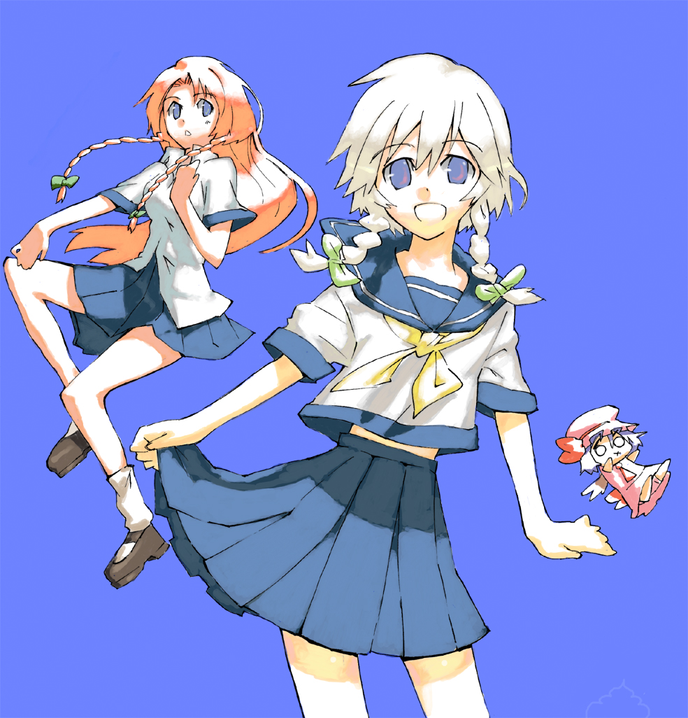 chomoran, ogawa maiko, hong meiling, izayoi sakuya, remilia scarlet, touhou, bad id, bad pixiv id, colorized, 2girls, alternate costume, character doll, chibi, doll, female focus, multiple girls, school uniform, serafuku, shoes, socks, x mouth