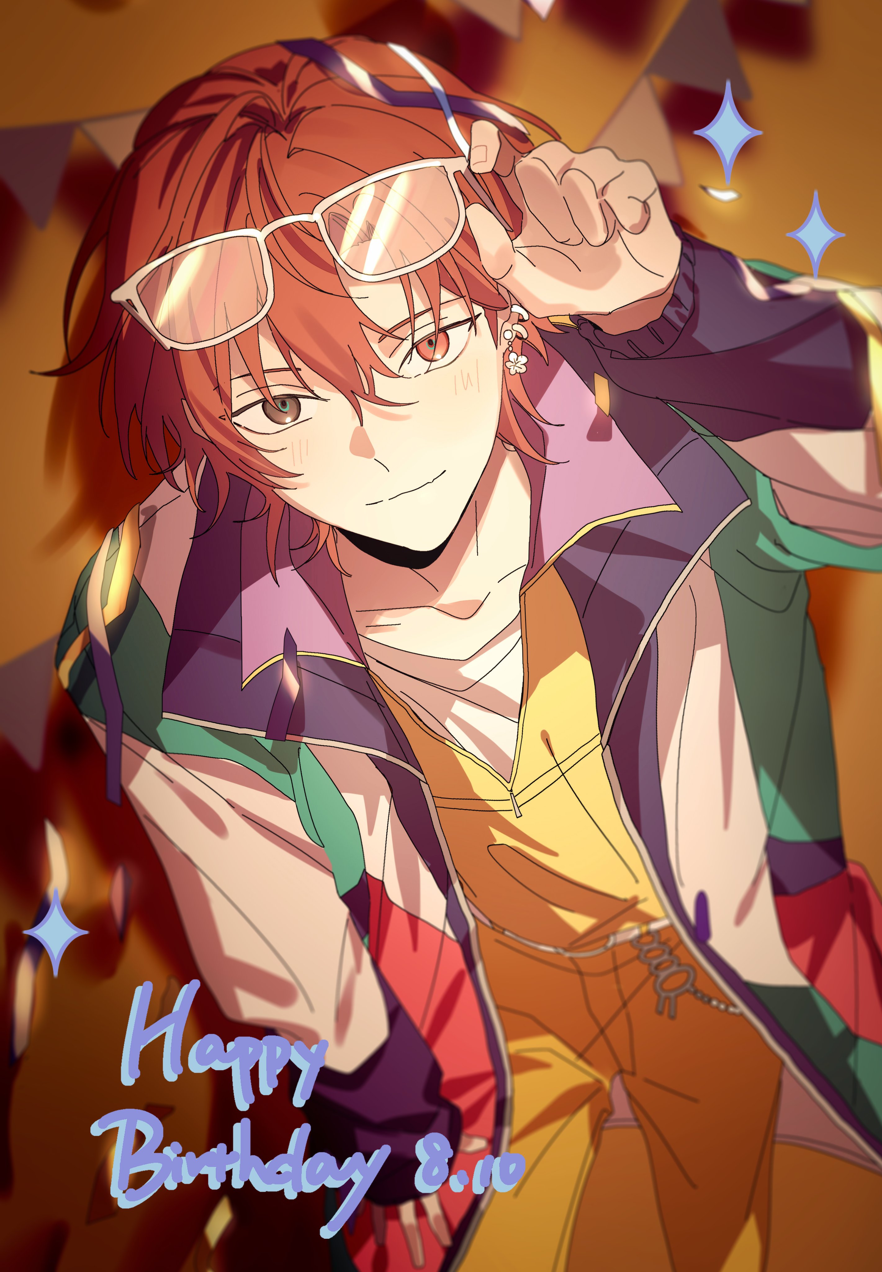 nishizono renga, 18trip, absurdres, chinese commentary, highres, 1boy, arm up, banner, birthday, black eyes, blush, confetti, dated, dated commentary, ear piercing, earrings, eyewear on head, hair between eyes, happy birthday, heterochromia, holding, holding removed eyewear, jacket, jewelry, jumpsuit, lapels, long sleeves, looking at viewer, looking up, lower body, mmuider, multicolored eyes, multicolored jacket, multiple earrings, open clothes, open jacket, orange eyes, piercing, red hair, shirt, short hair, silver earrings, simple background, smile, solo, sparkle, streamers, sunglasses, unworn eyewear, v-neck, white shirt, yellow jumpsuit