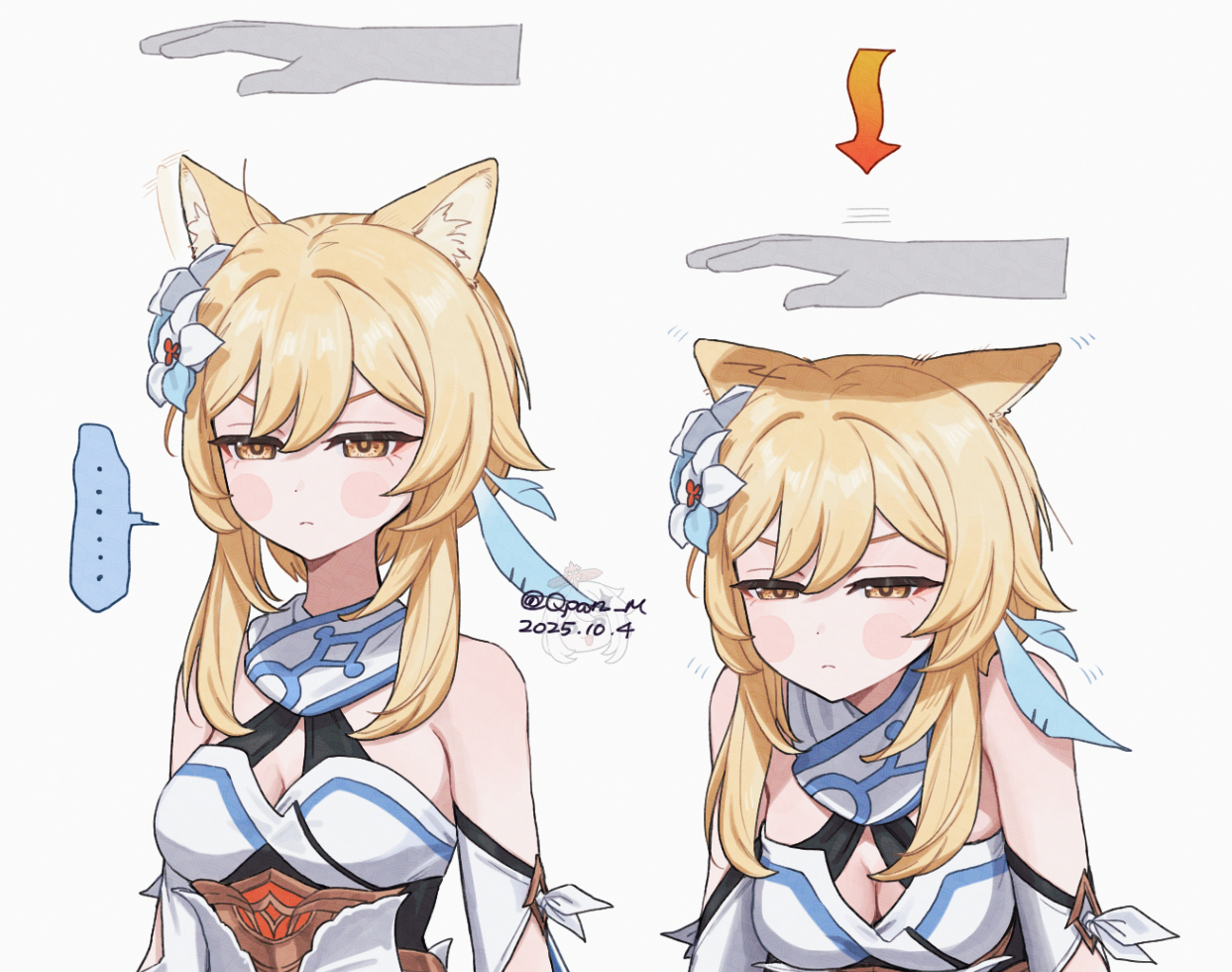 q (oshikuraq), lumine (genshin impact), paimon (genshin impact), genshin impact, animal ears, arrow (symbol), bare shoulders, blonde hair, blush, cat ears, closed mouth, dress, flower, hair between eyes, hair flower, hair ornament, multiple girls, short hair with long locks, sidelocks, white dress, white flower, yellow eyes
