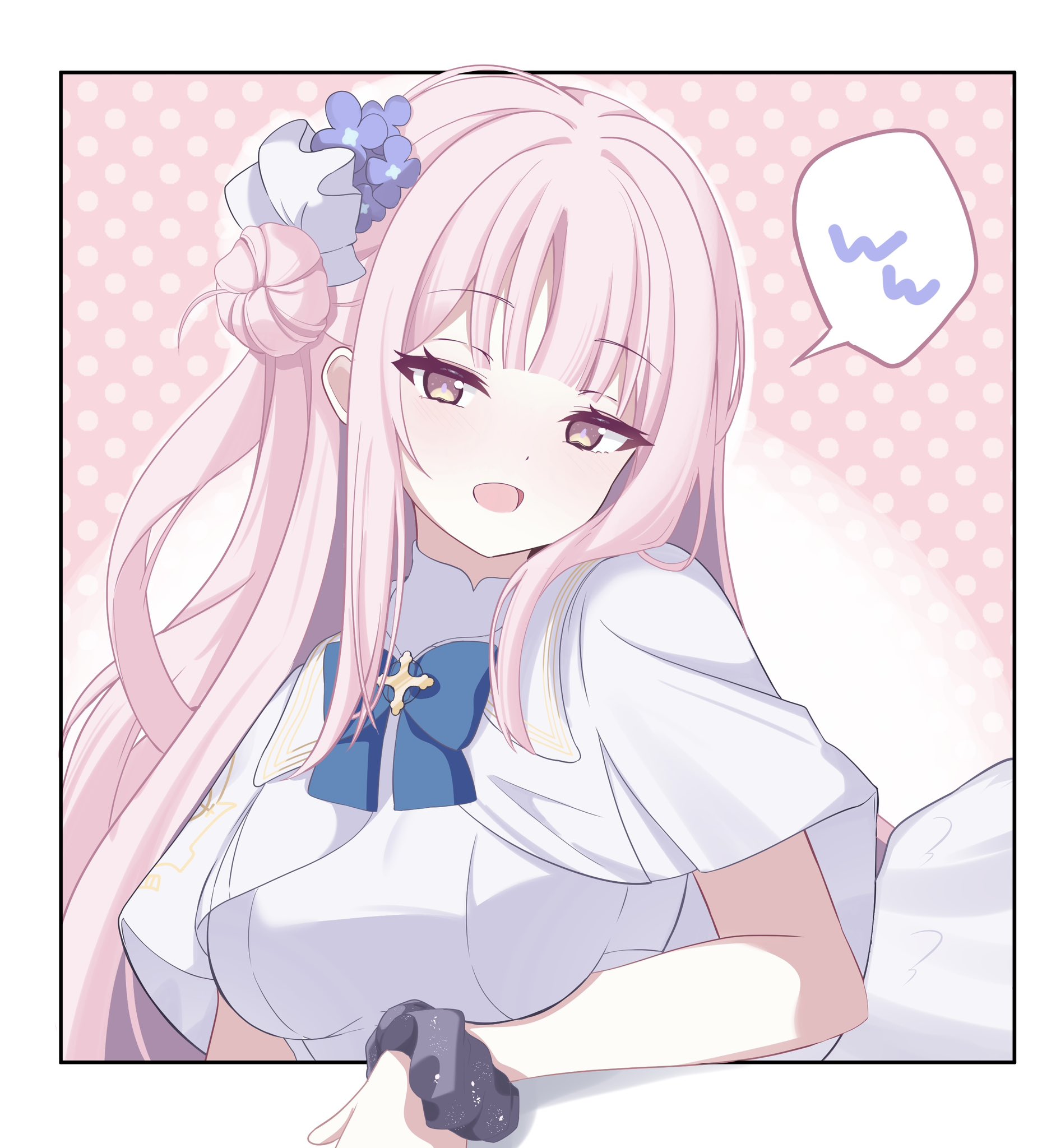 eugeo 032, mika (blue archive), blue archive, highres, 1girl, black scrunchie, blue bow, bow, breasts, capelet, dress, flower, hair bun, hair flower, hair ornament, long hair, looking at viewer, open mouth, pink hair, polka dot, polka dot background, scrunchie, single side bun, solo, upper body, white capelet, white dress, white wings, wings, wrist scrunchie, yellow eyes