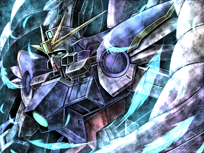 tro (trombe), wing gundam zero custom, gundam, gundam wing, gundam wing: endless waltz, bad id, bad pixiv id, lowres, 1990s (style), feathers, mecha, no humans, retro artstyle, robot, solo, wing zero gundam custom