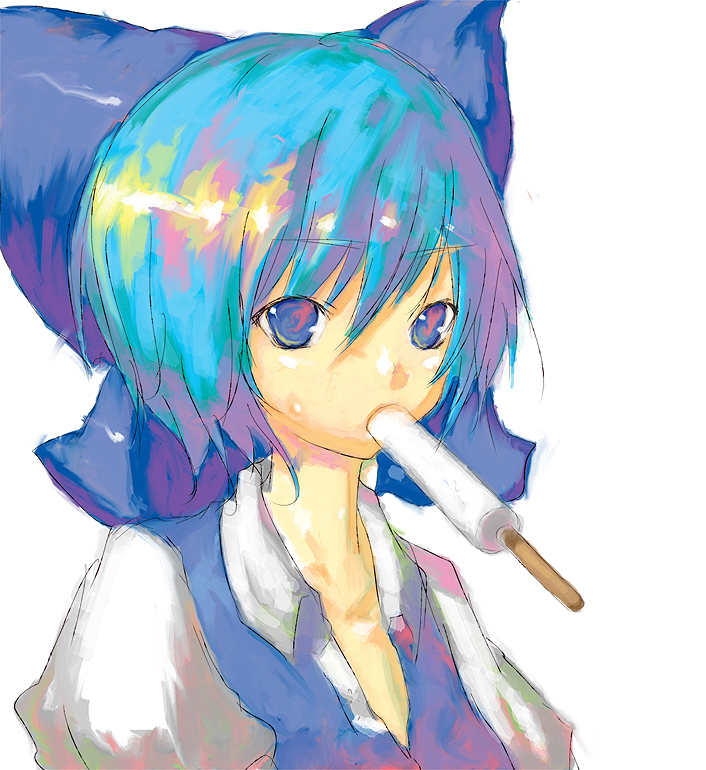 chomoran, cirno, embodiment of scarlet devil, touhou, bad id, bad pixiv id, 1girl, blue dress, blue eyes, blue hair, collarbone, dress, female focus, food, looking at viewer, matching hair/eyes, mouth hold, popsicle, short hair, simple background, solo, upper body, white background