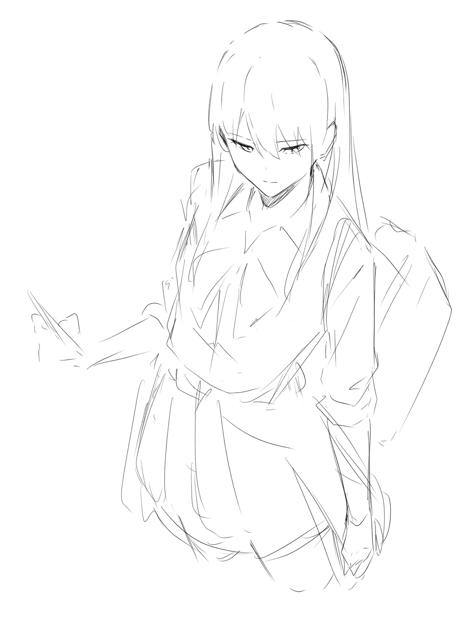 kanade (kanade 3344), shiina taki, bang dream!, bang dream! it's mygo!!!!!, commentary request, highres, 1girl, clothes around waist, greyscale, gyaru, hair between eyes, jacket, jacket around waist, long hair, monochrome, school uniform, simple background, sketch, solo, three-quarter sleeves, white background