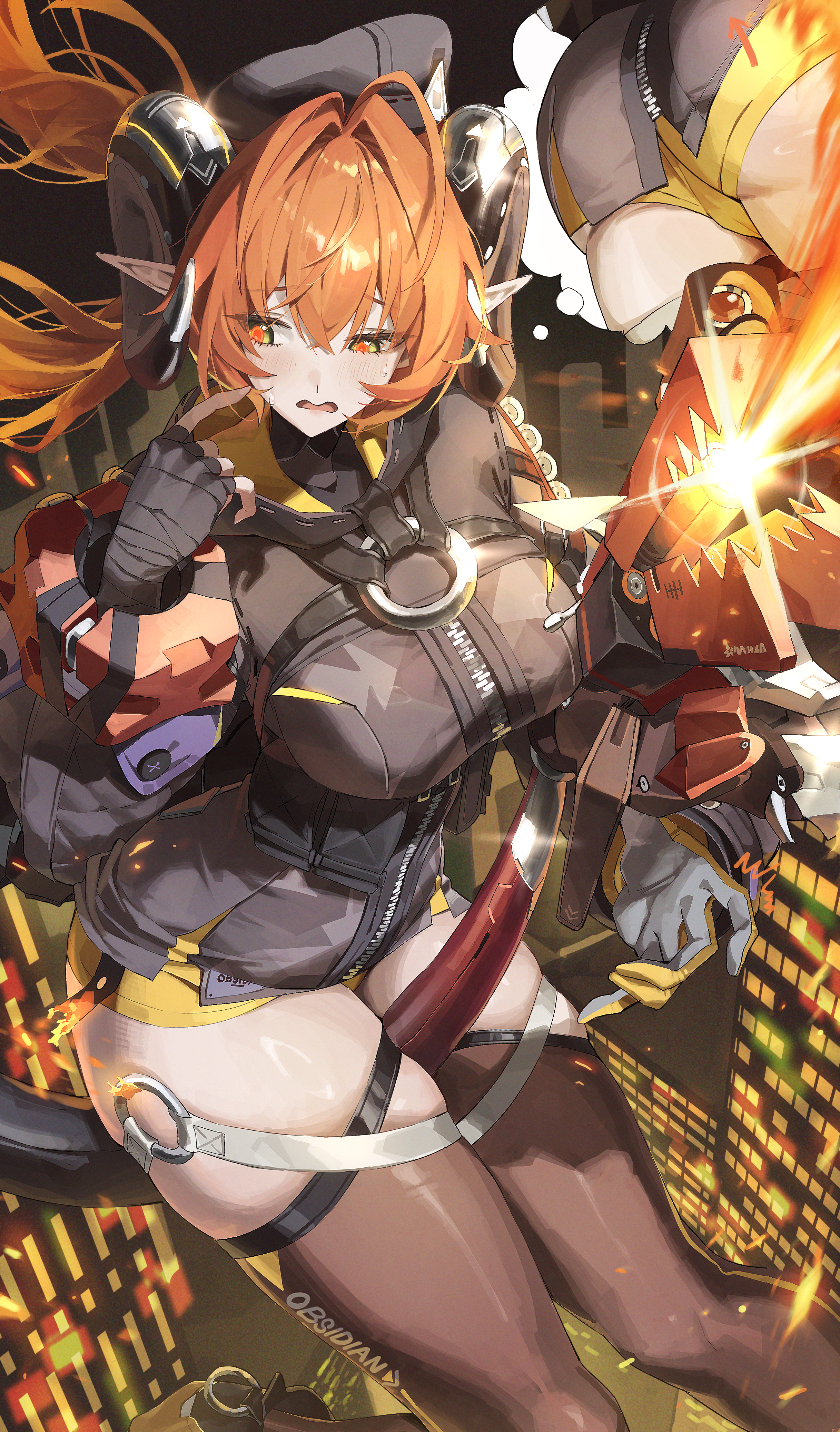 netural, magus (zenless zone zero), orphie magnusson, zenless zone zero, absurdres, highres, 1girl, ass, asymmetrical gloves, beret, black dress, black gloves, black hat, black thighhighs, blush, breasts, clothes writing, dress, fingerless gloves, gloves, hair between eyes, hat, hood, hood down, hooded dress, horns, large breasts, long hair, long pointy ears, mechanical horns, mechanical tail, mismatched gloves, open mouth, orange hair, pointy ears, red pupils, short shorts, shorts, single fingerless glove, speech bubble, sweatdrop, tail, thighhighs, thighs, thought bubble, upskirt, very long hair, yellow eyes, yellow gloves, yellow shorts