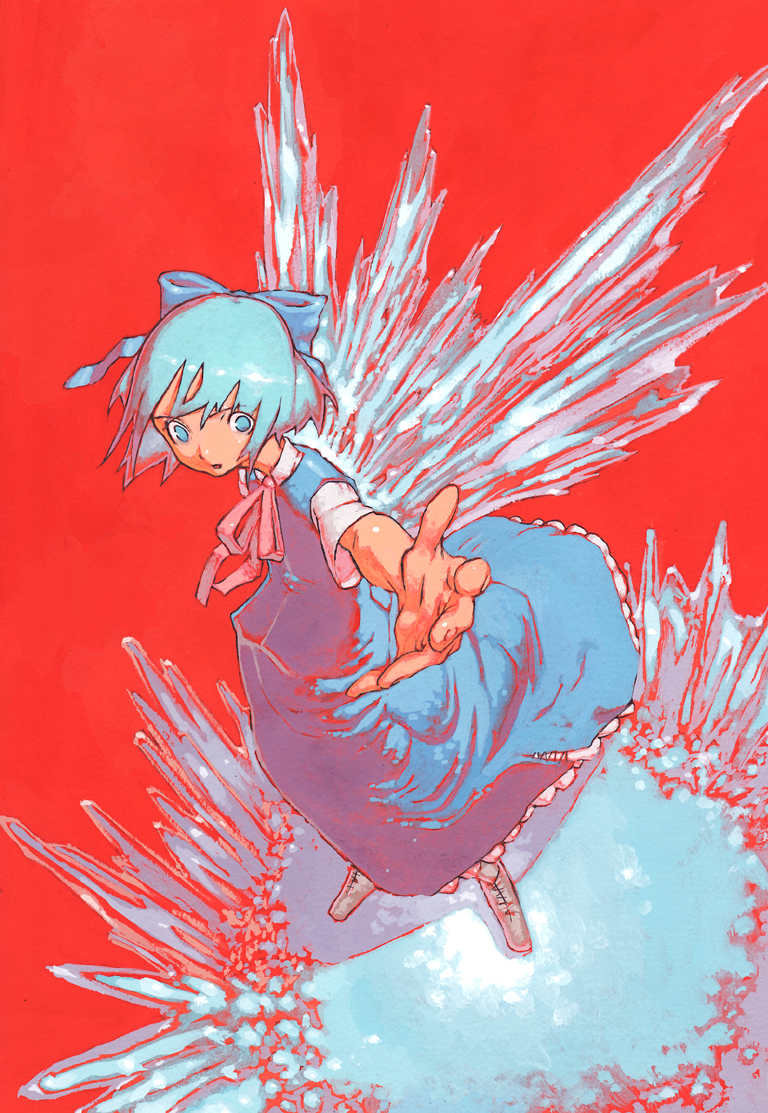 chomoran, cirno, embodiment of scarlet devil, touhou, bad id, bad pixiv id, 1girl, blouse, blue eyes, blue hair, bow, dress, female focus, full body, hair bow, ice, matching hair/eyes, red background, shirt, solo, white background, white shirt, wings