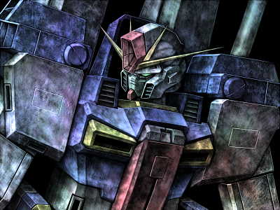 tro (trombe), zz gundam, gundam, gundam zz, bad id, bad pixiv id, lowres, black background, dark, mecha, no humans, robot, solo