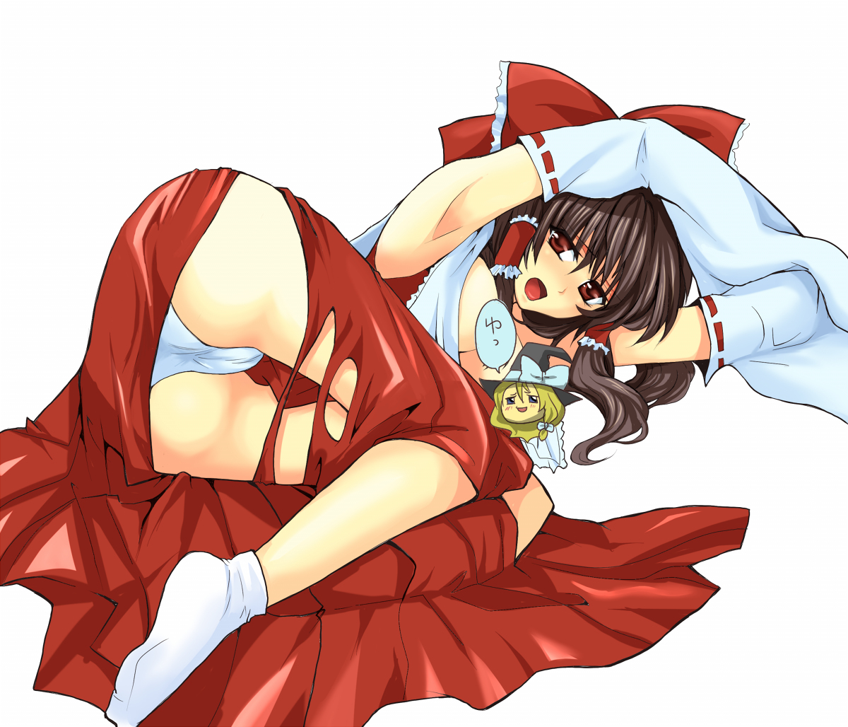 nanami ka zu sa, nanami kazusa, nanamix, hakurei reimu, kirisame marisa, touhou, bad id, bad pixiv id, 1girl, brown hair, detached sleeves, female focus, hip focus, japanese clothes, miko, panties, red eyes, socks, solo, torn clothes, underwear, wide hips, yukkuri shiteitte ne