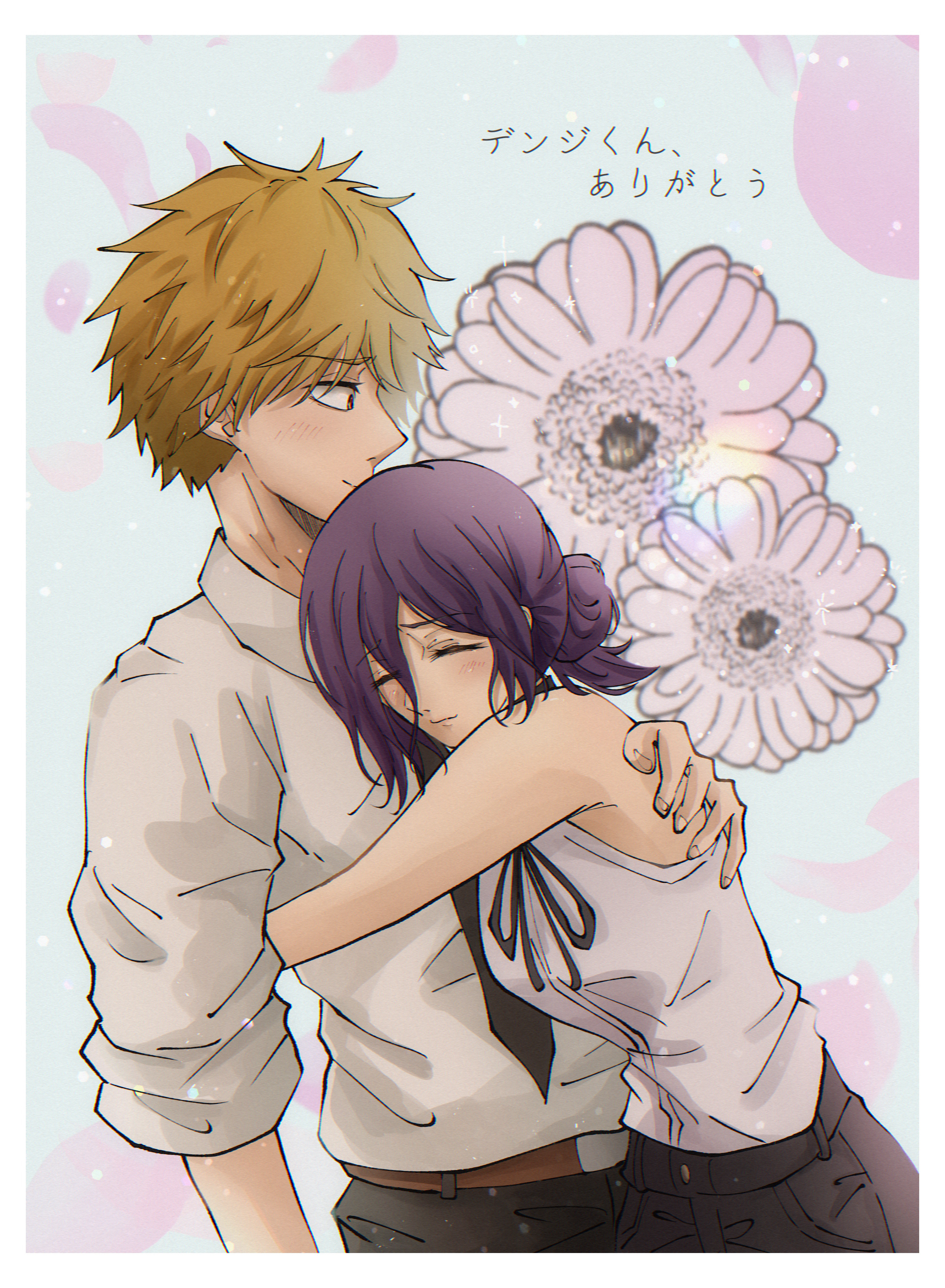 denji (chainsaw man), reze (chainsaw man), chainsaw man, absurdres, commentary request, highres, translation request, 1boy, 1girl, black hair, black pants, black ribbon, black shorts, blonde hair, blush, border, daisy (flower), dress shirt, falling petals, fingernails, floral background, flower, hair between eyes, hetero, hug, long hair between eyes, neck ribbon, pants, petals, ribbon, ro6 a m, shirt, shorts, sleeveless, sleeveless shirt, smile, white border, white shirt
