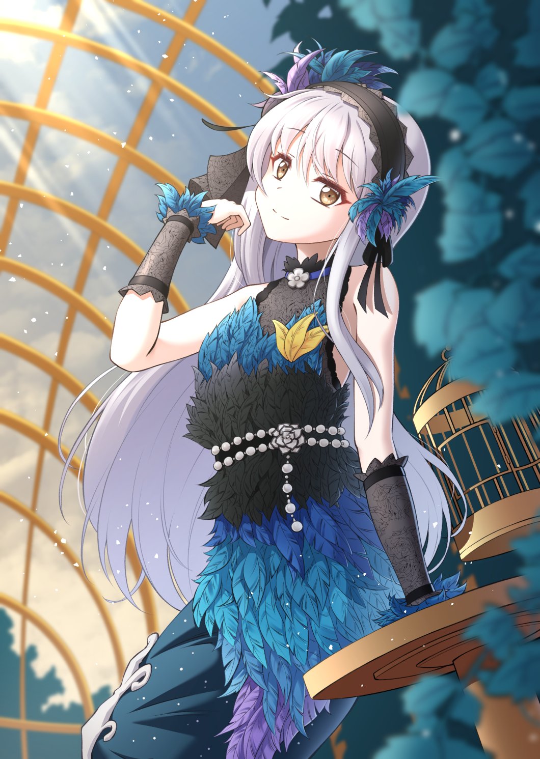 jiwon (sj1), minato yukina, bang dream!, commentary, highres, 1girl, birdcage, black dress, black hairband, black wrist cuffs, cage, dress, grey hair, hairband, light particles, long hair, looking at viewer, sleeveless, sleeveless dress, solo, table, wrist cuffs, yellow eyes