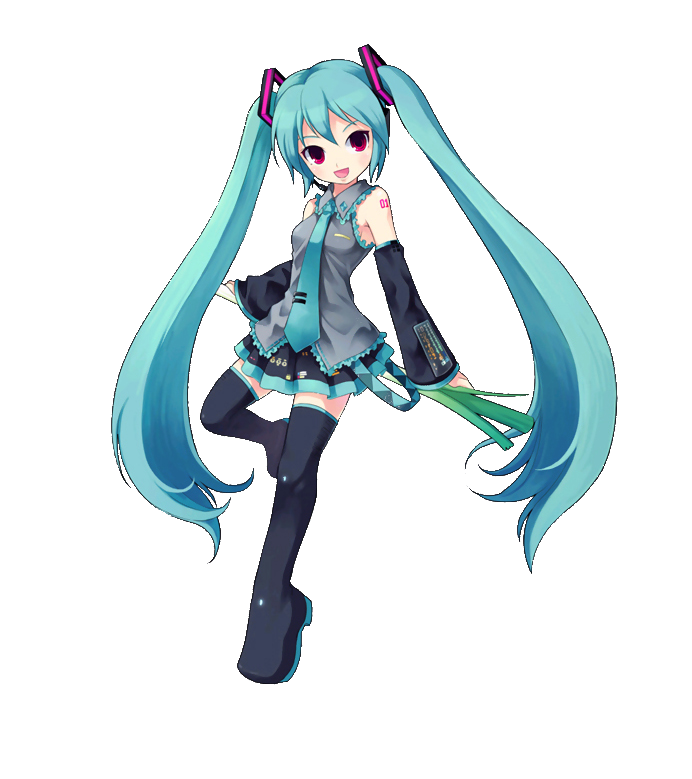 nyanya, hatsune miku, kooh (pangya), pangya, vocaloid, 1girl, aqua hair, cosplay, detached sleeves, female focus, full body, hatsune miku (cosplay), long hair, necktie, red eyes, skirt, solo, spring onion, thighhighs, transparent background, twintails, zettai ryouiki
