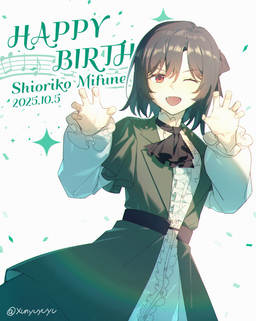 xunyu (manyu), mifune shioriko, love live!, love live! nijigasaki high school idol club, chinese commentary, commentary request, highres, 1girl, black hair, center frills, claw pose, confetti, dated, dress, fang, frills, green dress, hair between eyes, happy birthday, long sleeves, looking at viewer, one eye closed, open mouth, short hair, solo