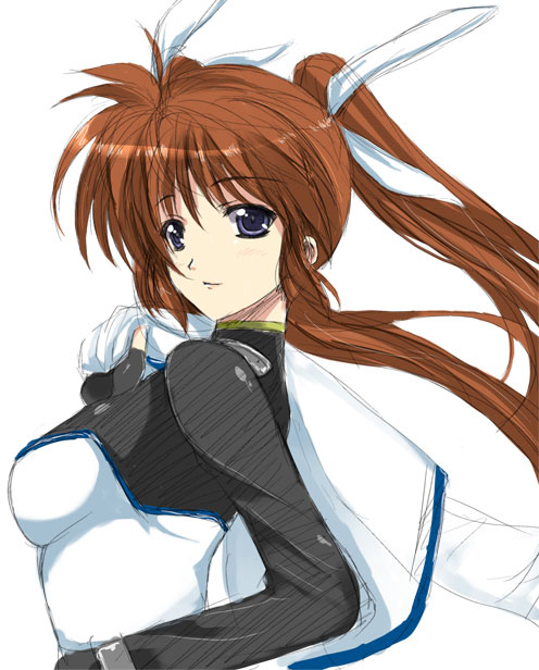 takamachi nanoha, takamachi nanoha (exceed mode), lyrical nanoha, mahou shoujo lyrical nanoha, mahou shoujo lyrical nanoha strikers, uniform, 00s, 1girl, :o, blush, breasts, brown hair, long sleeves, looking at viewer, magical girl, parted lips, ponytail, purple eyes, simple background, twintails, white background