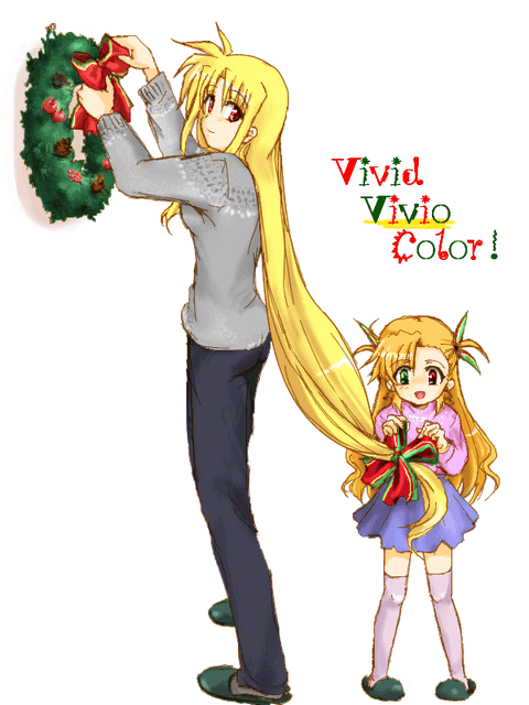 fate testarossa, vivio, lyrical nanoha, mahou shoujo lyrical nanoha, 00s, 2girls, blonde hair, bow, christmas, hair bow, long hair, low-tied long hair, multiple girls, ribbon, thighhighs, very long hair, wreath