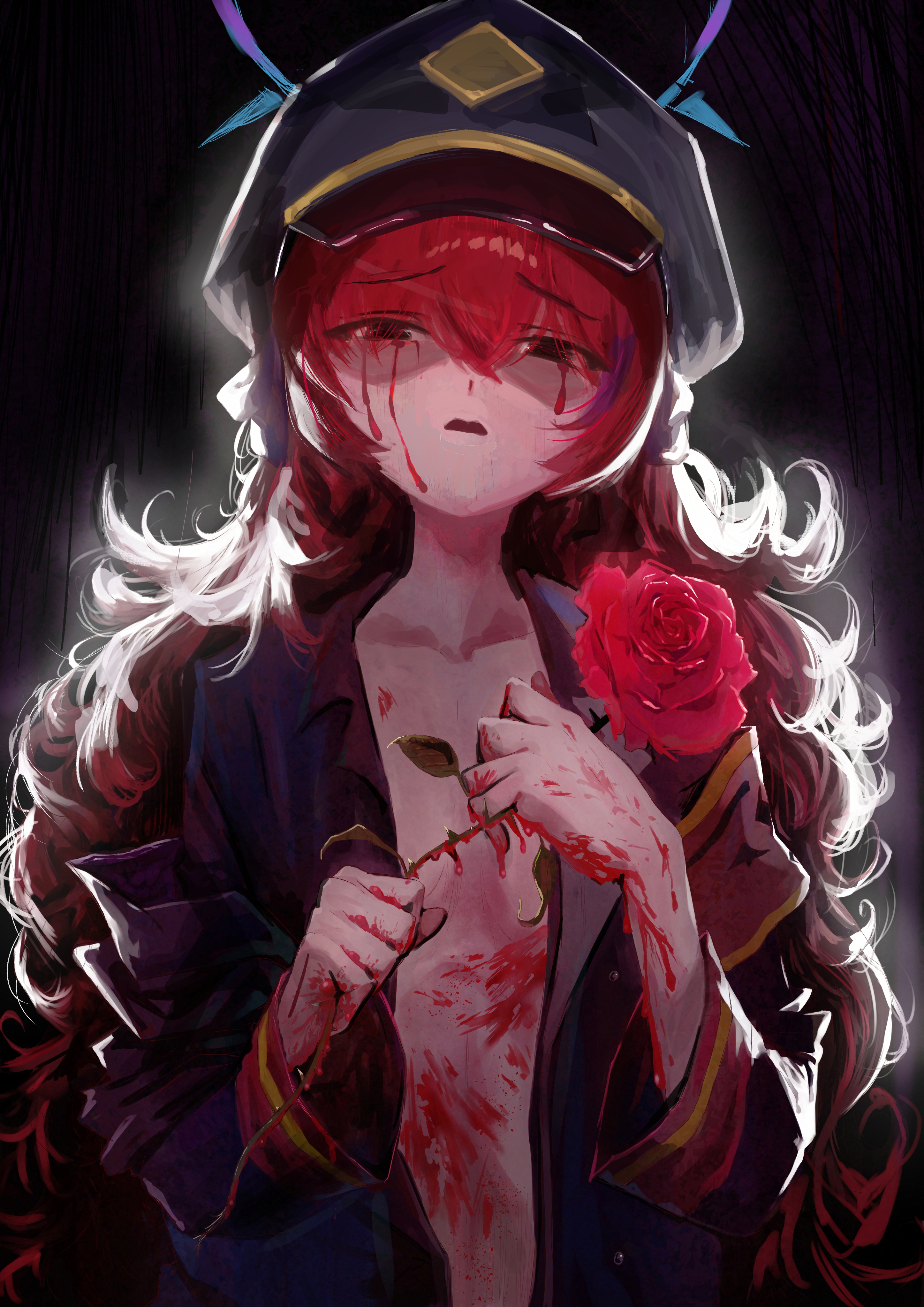 kongaru 123, iroha (blue archive), blue archive, fluffy hair, absurdres, highres, 1girl, black eyes, black hat, black jacket, blood, blood on clothes, blood on hands, bloody tears, blue halo, flower, hair between eyes, halo, hat, holding, holding flower, jacket, long hair, no bra, no pupils, no shirt, open clothes, open jacket, open mouth, peaked cap, red flower, sidelocks, solo