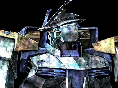 tro (trombe), gundam astray blue frame, gundam, gundam seed, gundam seed astray, looking away, bad id, bad pixiv id, lowres, 00s, dirty, looking to the side, mecha, no humans, robot, simple background, solo, stain, upper body