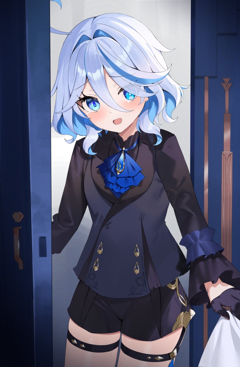 tsukise miwa, furina (genshin impact), genshin impact, 1girl, ahoge, ascot, black ascot, black gloves, black shorts, blue ascot, blue eyes, blue gemstone, blue hair, blush, cowlick, drop-shaped pupils, eyelash ornament, gem, gloves, hair between eyes, heterochromia, long sleeves, mismatched pupils, multicolored hair, no headwear, no jacket, open mouth, ouji fashion, short hair, shorts, smile, streaked hair, symbol-shaped pupils, white hair