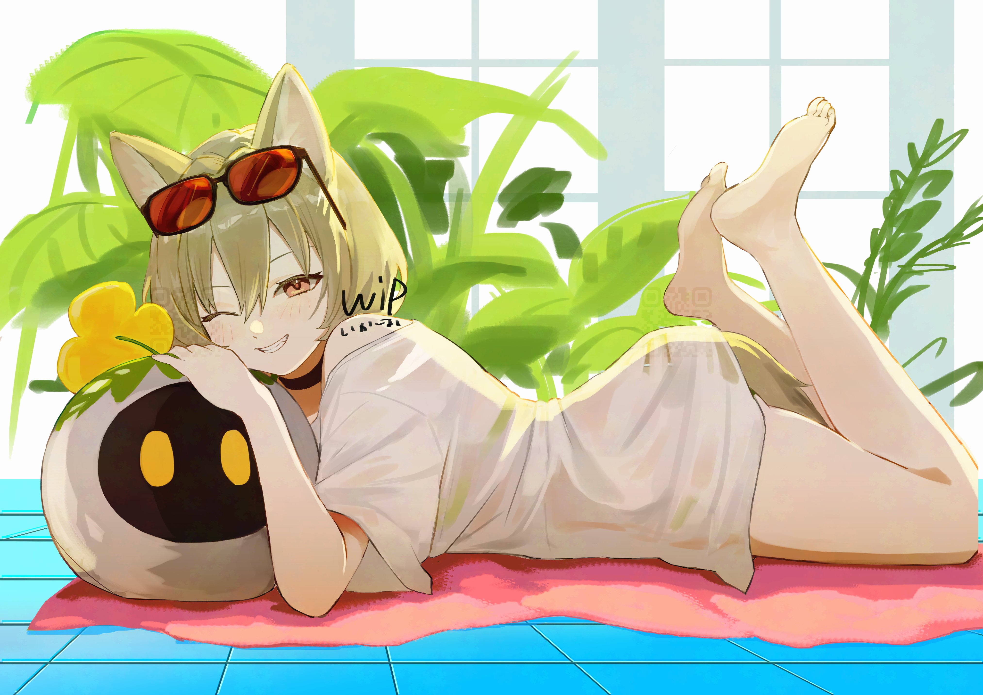 k-yosinori, beanstalk (arknights), arknights, absurdres, commentary request, highres, unfinished, 1girl, ;), alternate costume, artist name, bare legs, barefoot, black choker, blush, brown eyes, brown hair, brown tail, character doll, choker, doll, domesticated metal crab (arknights), eyewear on head, feet up, from side, full body, hyena ears, hyena girl, hyena tail, indoors, looking at viewer, lying, mat, on stomach, one eye closed, oversized clothes, oversized shirt, qr code, red-tinted eyewear, shirt, short hair, sidelocks, single bare shoulder, smile, solo, sunglasses, t-shirt, tail under clothes, tile floor, tiles, tinted eyewear, watermark, white shirt