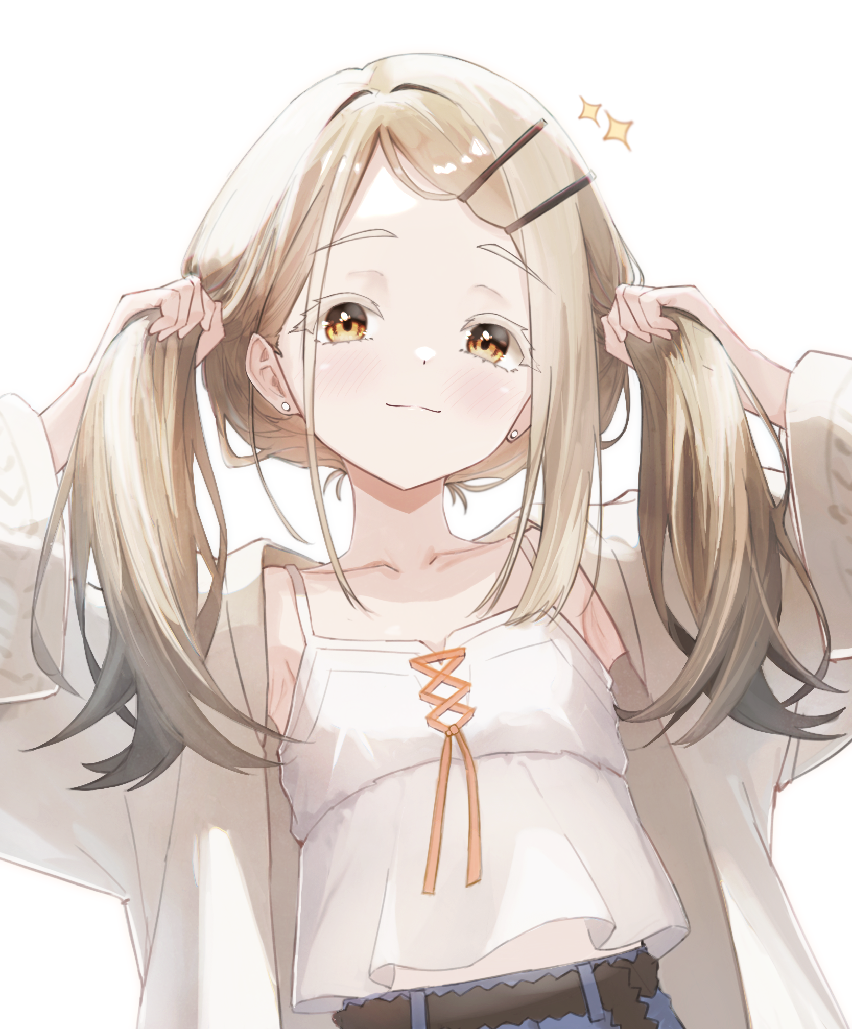 phos phos, shinosawa hiro, gakuen idolmaster, idolmaster, highres, 1girl, armpit peek, arms up, blonde hair, blush, bunching hair, camisole, collarbone, colored eyelashes, earrings, flat chest, gradient hair, grey hair, jewelry, long hair, looking at viewer, midriff peek, multicolored hair, orange eyes, robe, simple background, smile, solo, sparkle, stud earrings, twintails, upper body, white background, white camisole, white robe