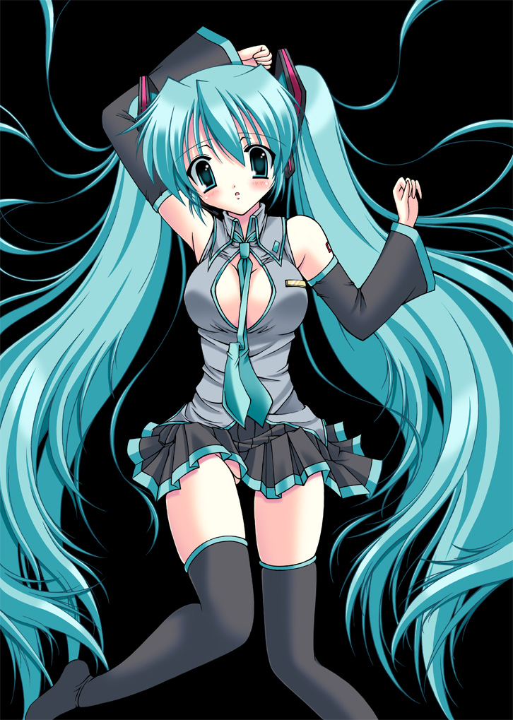 mizuki chika, hatsune miku, vocaloid, bad id, bad pixiv id, 1girl, aqua eyes, aqua hair, blush, breasts, cleavage, detached sleeves, female focus, long hair, medium breasts, necktie, no panties, skirt, solo, thighhighs, twintails, very long hair