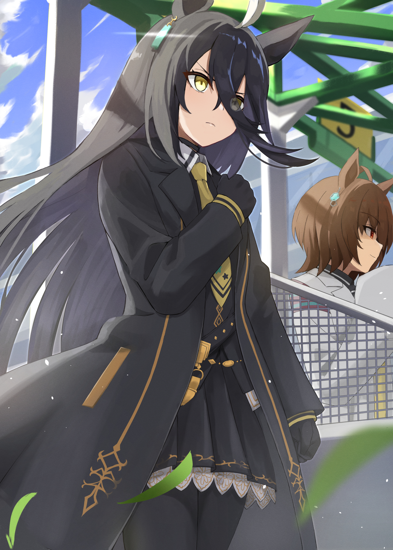 seiji (artman), agnes tachyon (tach-nology) (umamusume), agnes tachyon (umamusume), manhattan cafe (creeping black) (umamusume), manhattan cafe (umamusume), umamusume, highres, 2girls, ahoge, animal ears, black gloves, black hair, blue sky, brown hair, closed mouth, cloud, day, eyes visible through hair, gloves, horse ears, horse girl, long hair, long sleeves, multiple girls, outdoors, short hair, sky, yellow eyes