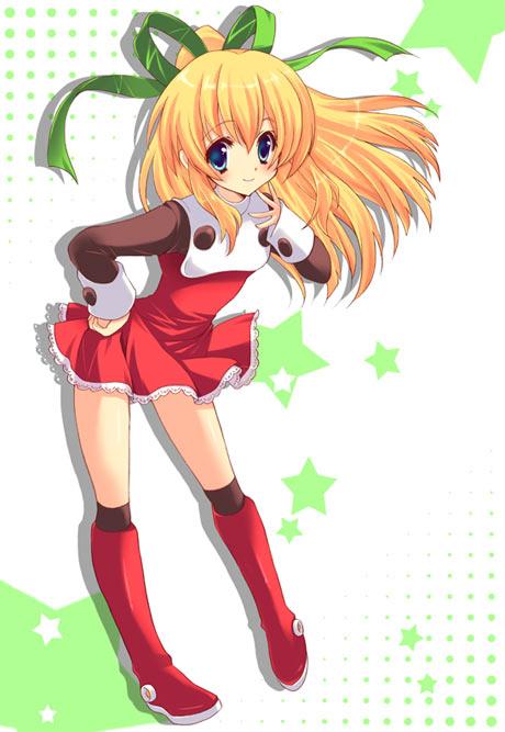 yukiwo, roll (mega man), capcom, mega man (classic), mega man (series), 1girl, blonde hair, blue eyes, boots, hair ribbon, hand on own hip, knee boots, leaning forward, long hair, ponytail, red skirt, ribbon, skirt, smile