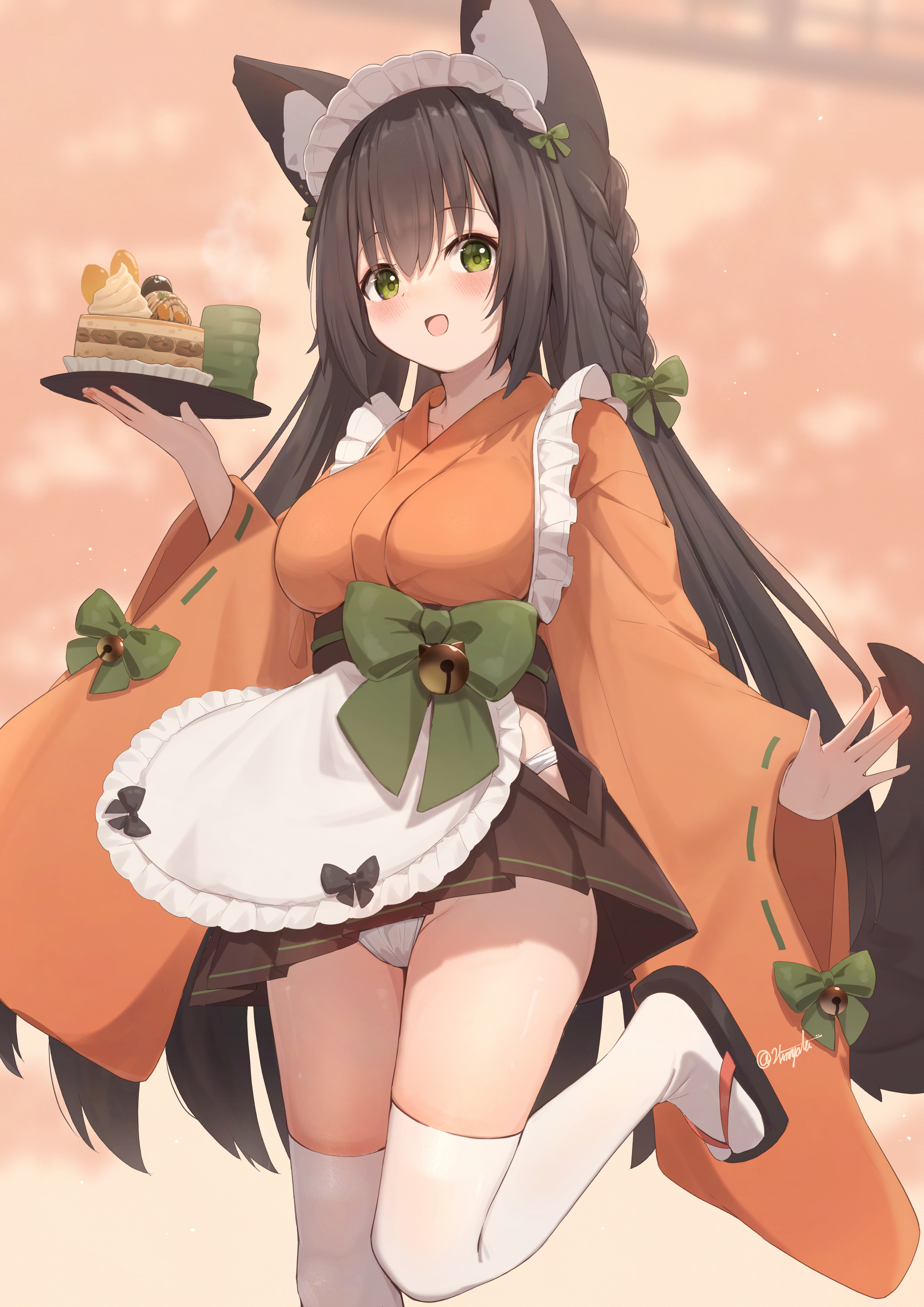 hinata (user rjkt4745), original, absurdres, commentary request, highres, 1girl, :d, animal ears, black hair, bow, braid, breasts, cake, cup, food, fox ears, fox girl, fox tail, green bow, green eyes, hair bow, holding, japanese clothes, kimono, large breasts, long hair, long sleeves, looking at viewer, maid, open mouth, orange kimono, panties, single braid, smile, solo, standing, standing on one leg, tabi, tail, thighhighs, twitter username, underwear, wa maid, white panties, white thighhighs, wide sleeves