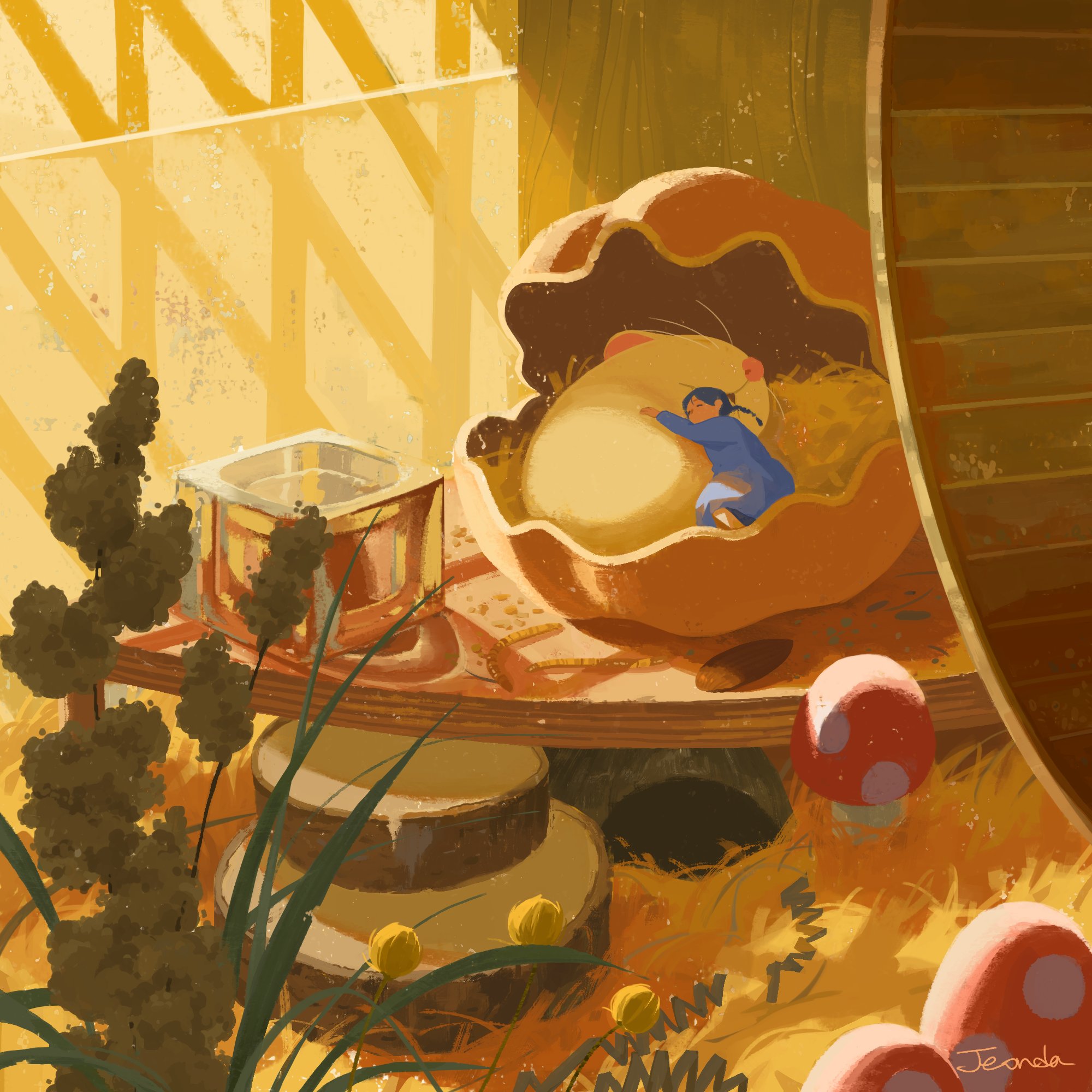 original, highres, 1girl, black hair, closed eyes, hug, mini person, mouse (animal), mushroom, plant, shadow, sleeping, solo, sunlight, tea sotear