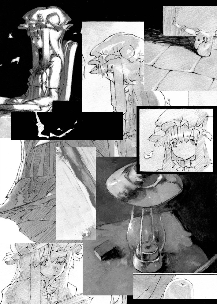 chomoran, patchouli knowledge, touhou, bad id, bad pixiv id, 1girl, book, bow, bug, butterfly, closed eyes, collage, comic, dark, expressionless, female focus, greyscale, hat, holding, holding book, lamp, long hair, monochrome, profile, table