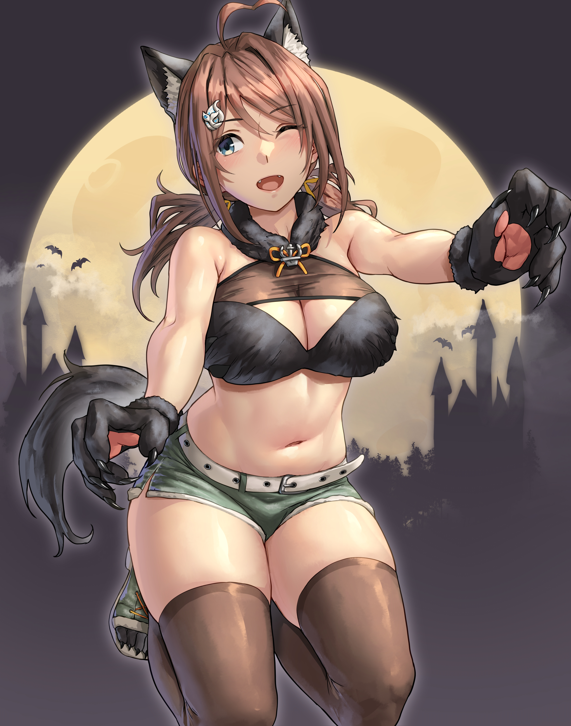 kokuzou, chougei (halloween) (kancolle), chougei (kancolle), kantai collection, absurdres, highres, 1girl, ;d, animal ears, bare shoulders, black gloves, blue eyes, blush, breasts, brown hair, brown thighhighs, cleavage, full body, full moon, gloves, green shorts, hair ornament, kneeling, large breasts, long hair, moon, navel, one eye closed, open mouth, short shorts, shorts, smile, stomach, tail, thighhighs, thighs