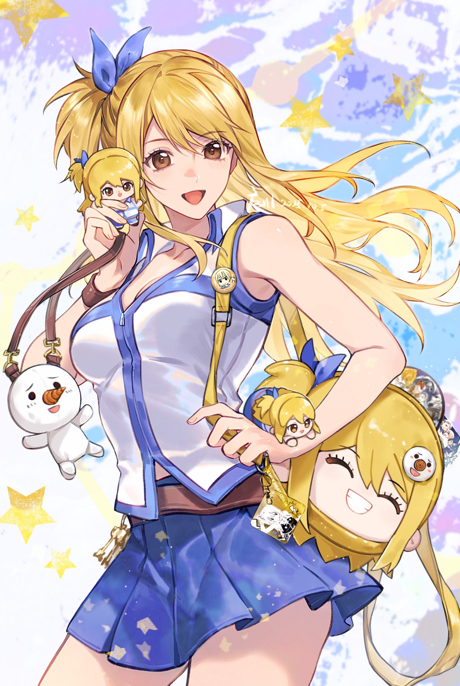xuchuan, lucy heartfilia, fairy tail, commentary request, highres, artist name, badge, blonde hair, blue ribbon, blue skirt, breasts, brown eyes, button badge, character bag, character doll, cleavage, contrapposto, cowboy shot, dated, doll, hair ribbon, holding, holding doll, long hair, miniskirt, one side up, open mouth, pleated skirt, ribbon, shirt, skirt, sleeveless, sleeveless shirt, star (symbol), wristband