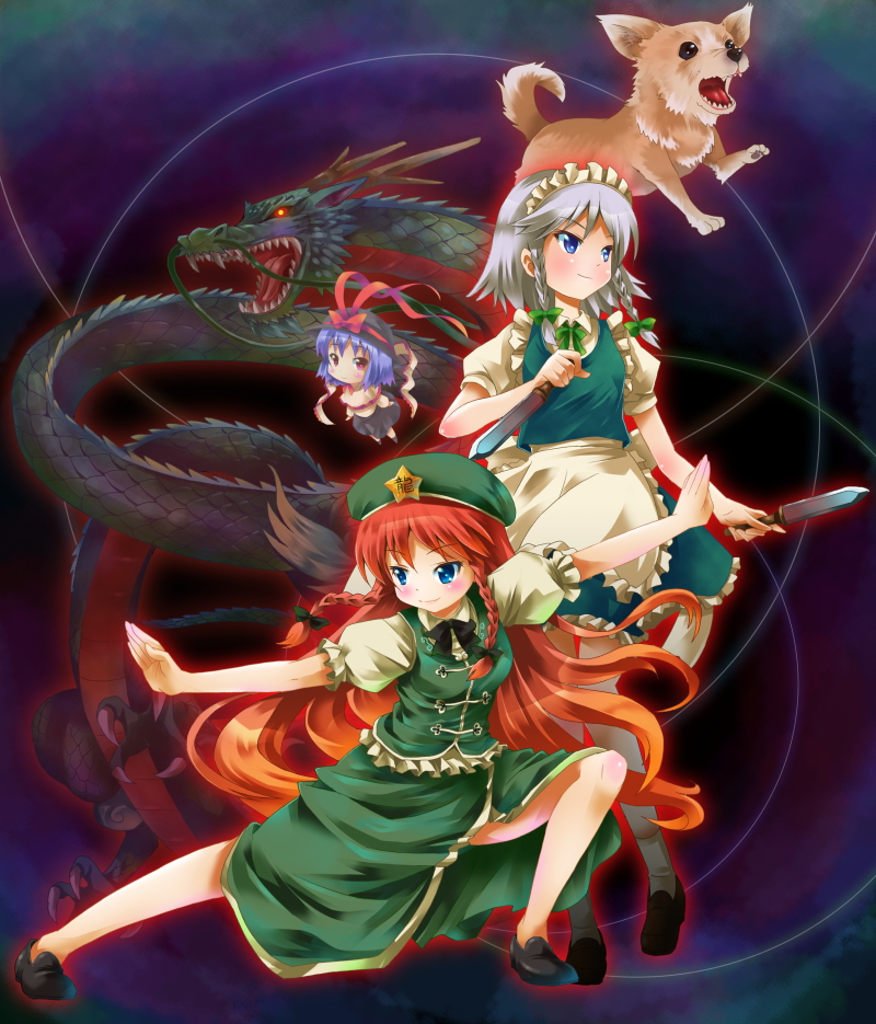 michii yuuki, hong meiling, izayoi sakuya, nagae iku, touhou, silver hair, bad id, bad pixiv id, 3girls, blue eyes, braid, dog, dragon, eastern dragon, female focus, fighting stance, hat, knife, maid, multiple girls, red hair, throwing knife, weapon