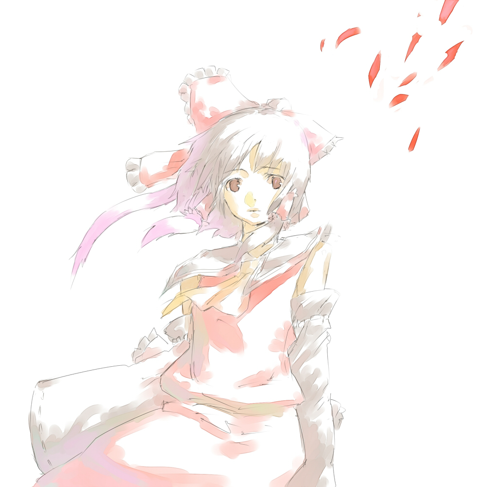 chomoran, hakurei reimu, touhou, silver hair, bad id, bad pixiv id, 1girl, brown eyes, collar, cowboy shot, detached sleeves, female focus, long sleeves, looking at viewer, petals, red skirt, short hair, simple background, skirt, solo, vest, white background