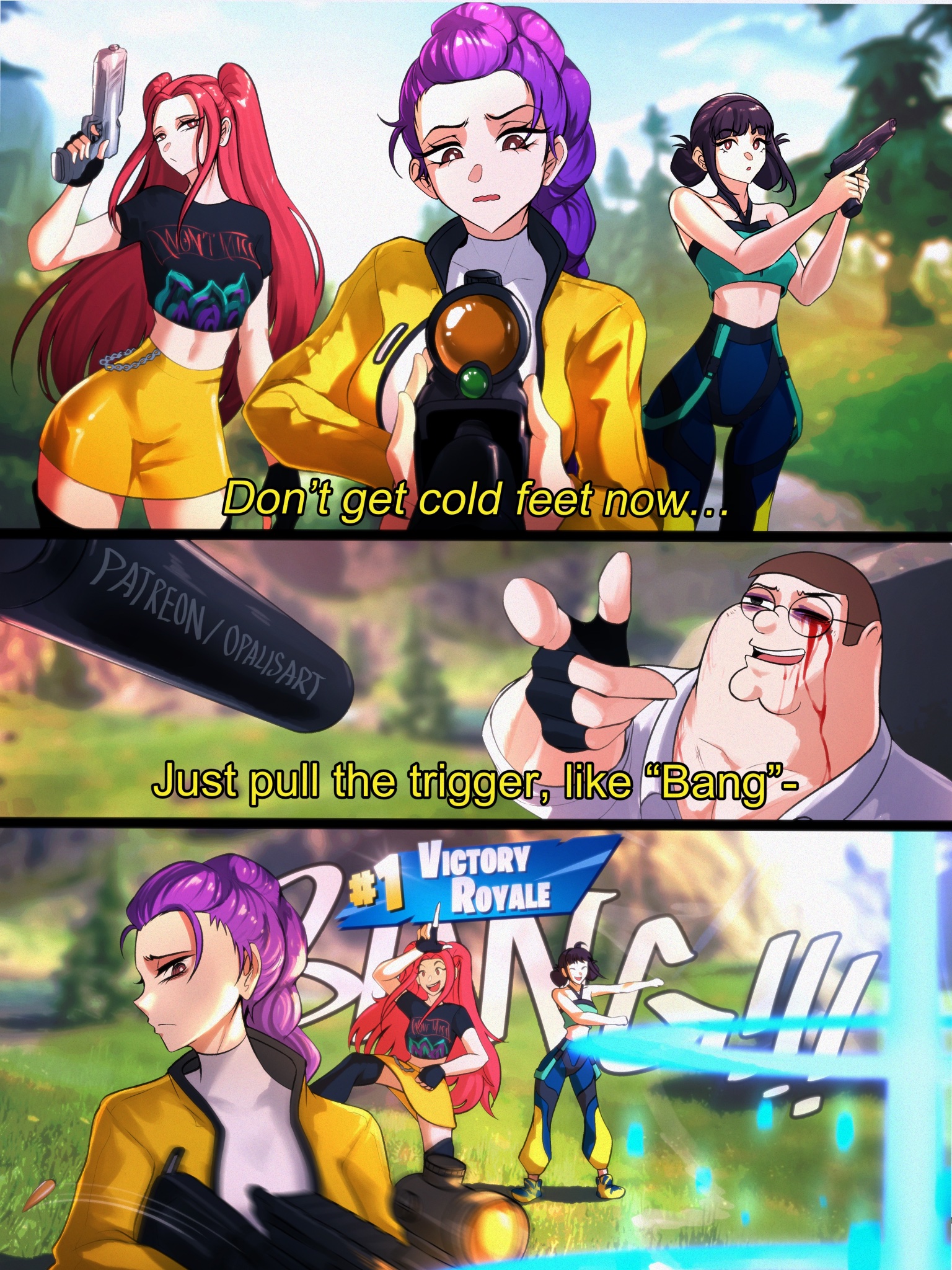 opalis, mira (kpop demon hunters), peter griffin, rumi (kpop demon hunters), zoey (kpop demon hunters), family guy, fortnite, kpop demon hunters, highres, 1boy, 3girls, aiming, aiming at viewer, blood, blood on face, braid, dancing, english text, finger gun, glasses, gun, hair bun, long hair, multiple girls, outdoors, pink hair, purple hair, short hair, sidelocks, tree, twintails, weapon
