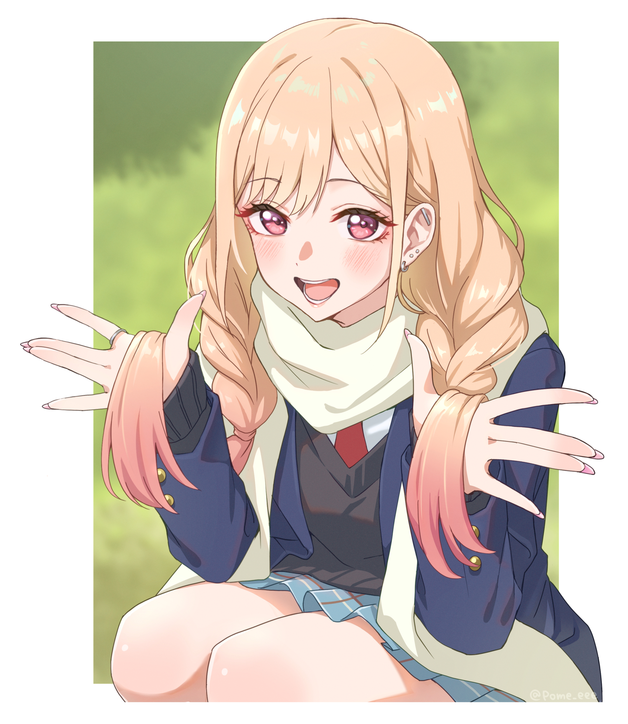 pome (pome eee), kitagawa marin, sono bisque doll wa koi wo suru, commentary request, highres, 1girl, barbell piercing, black sweater, blonde hair, blue jacket, blue skirt, braid, colored tips, ear piercing, earrings, industrial piercing, jacket, jewelry, long hair, looking at viewer, multicolored hair, nail polish, necktie, open mouth, piercing, pink eyes, pink hair, pink nails, plaid clothes, plaid skirt, pleated skirt, red necktie, ring, skirt, solo, sweater, teeth, twin braids