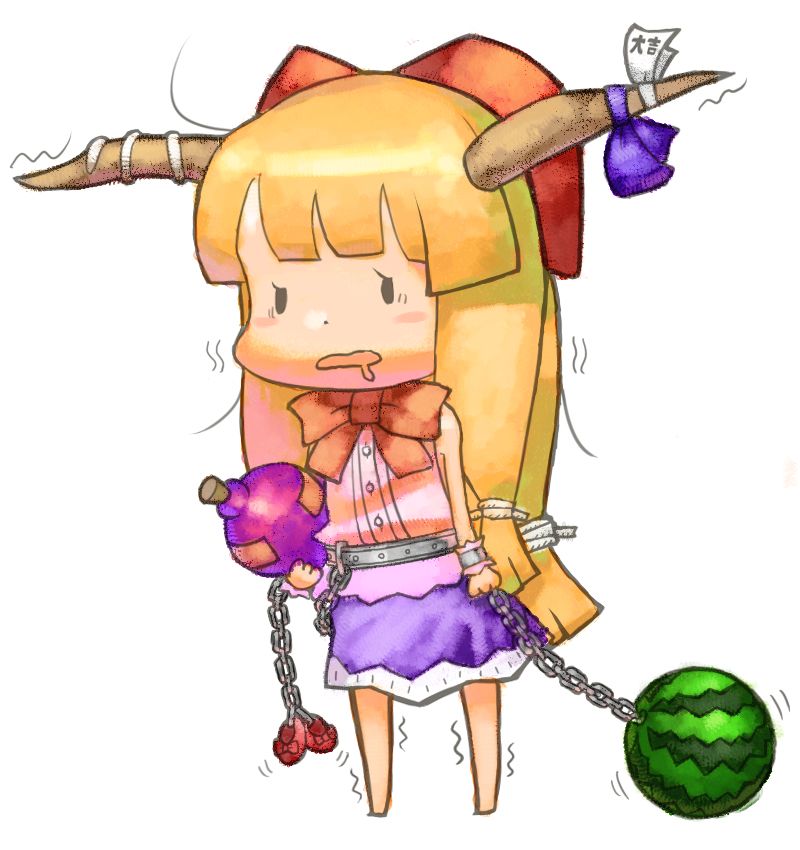 chikuwabu, chomoran, ibuki suika, touhou, bad id, bad pixiv id, colorized, 1girl, barefoot, chibi, female focus, food, fruit, full body, long hair, low-tied long hair, name connection, object namesake, saliva, simple background, solo, trembling, watermelon