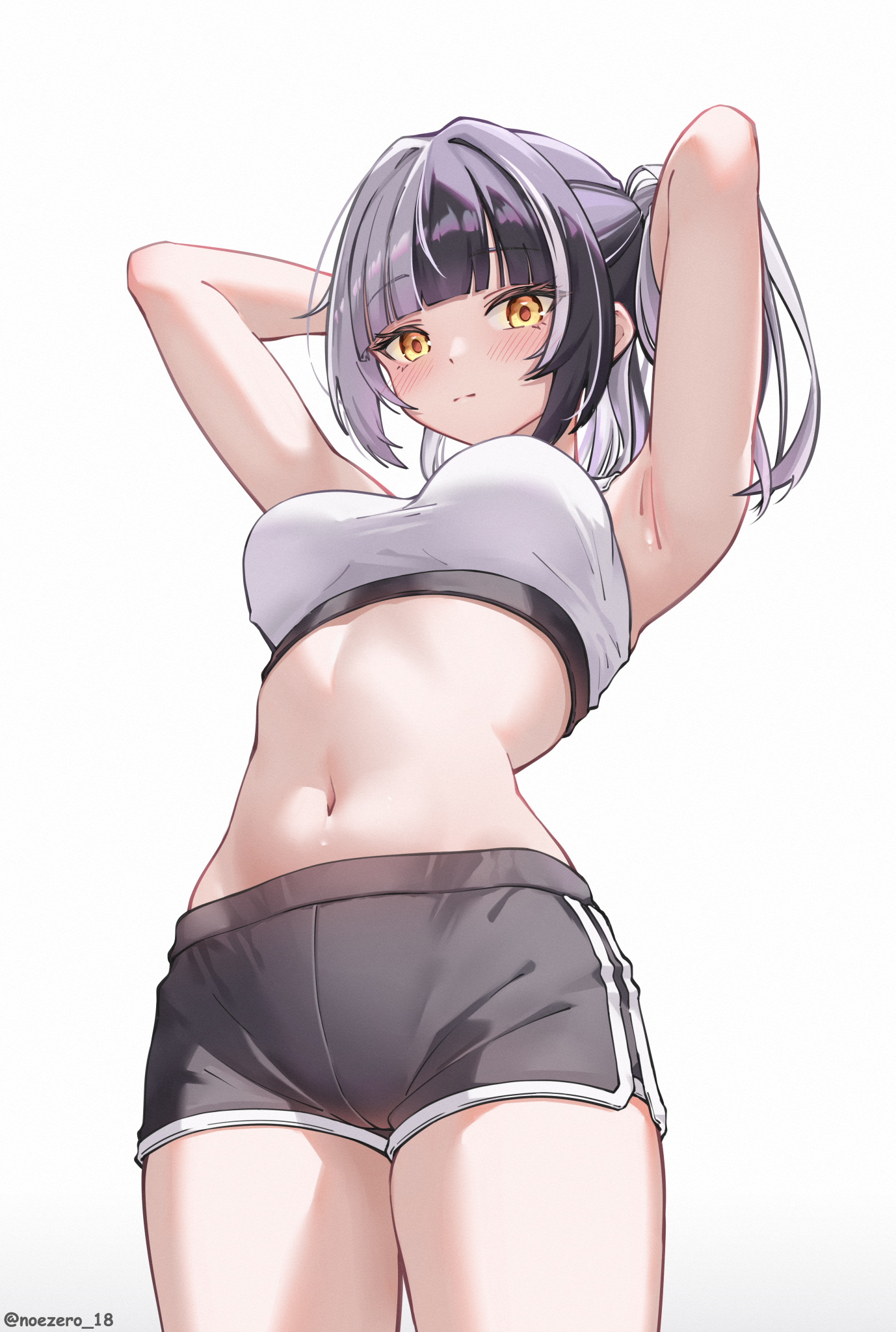 noeee, shiori novella, hololive, hololive english, highres, 1girl, armpits, arms up, black hair, blush, breasts, closed mouth, grey shorts, large breasts, multicolored hair, navel, short shorts, shorts, simple background, solo, split-color hair, sports bra, stomach, thighs, two-tone hair, virtual youtuber, white background, white hair, white sports bra, yellow eyes