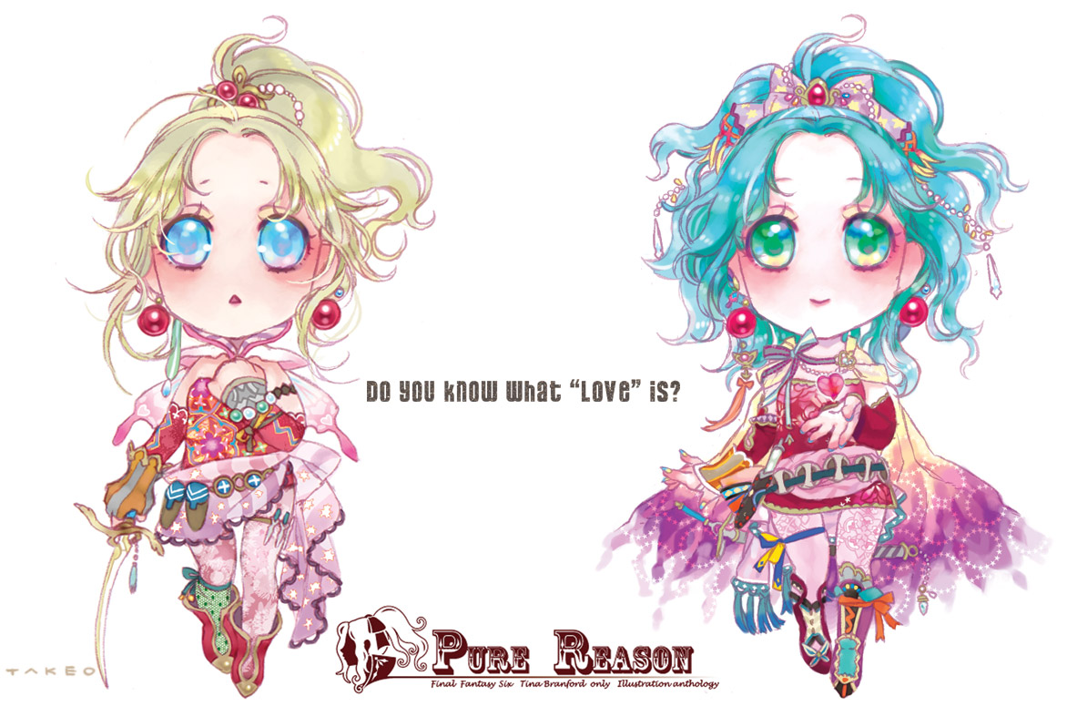 hagihara takeo, tina branford, final fantasy, final fantasy vi, 1990s (style), 2girls, alternate color, blonde hair, blue eyes, bow, cape, chibi, comparison, detached sleeves, earrings, english text, green eyes, green hair, jewelry, multiple girls, pantyhose, pink bow, ponytail, sword, thighhighs, weapon
