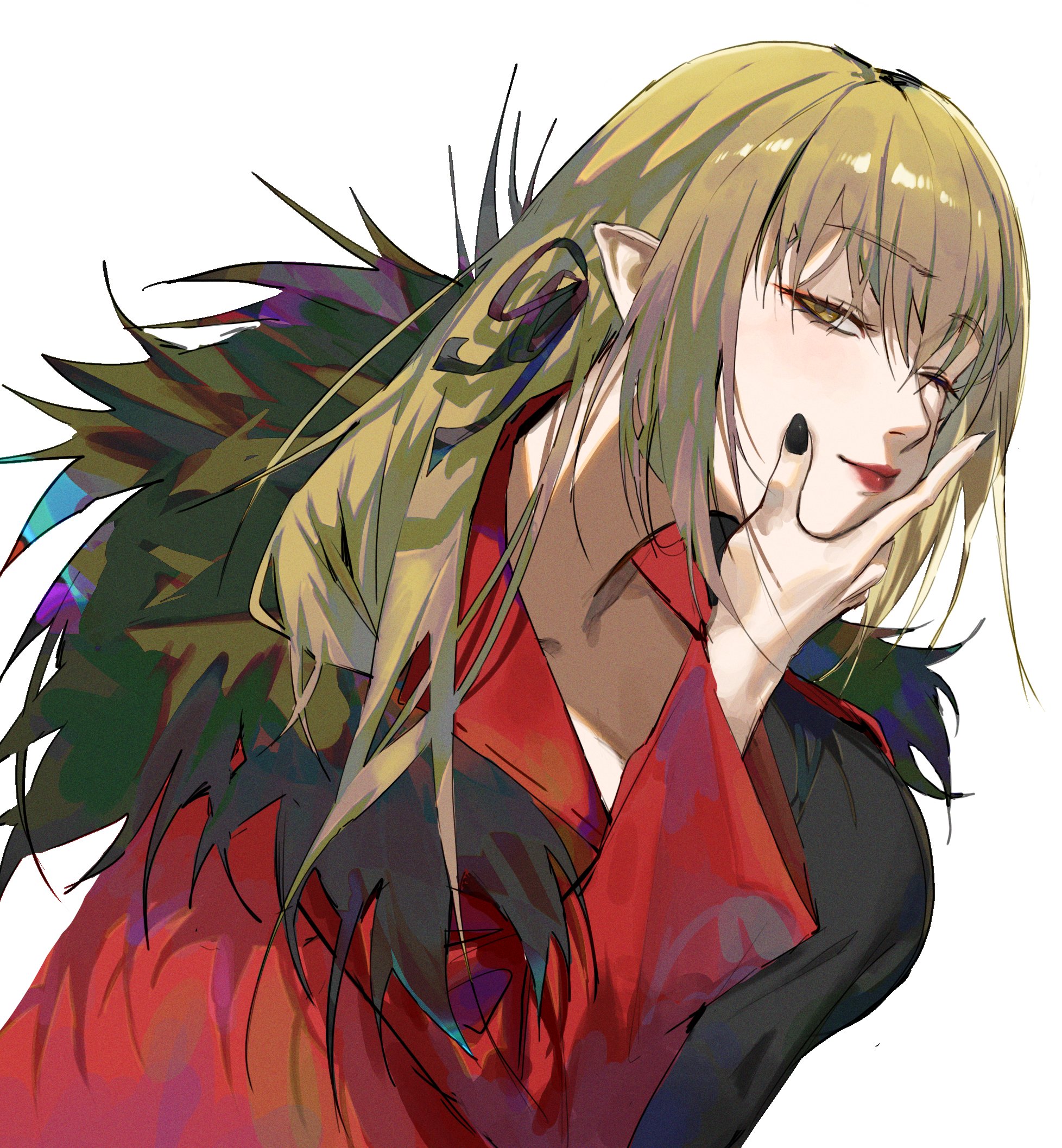 tabulagami, kiss-shot acerola-orion heart-under-blade, oshino shinobu, kizumonogatari, monogatari (series), highres, 1girl, black nails, black ribbon, blonde hair, feather-trimmed jacket, hair ribbon, jacket, long hair, looking at viewer, pointy ears, red jacket, red lips, ribbon, simple background, solo, vampire, very long hair, yellow eyes