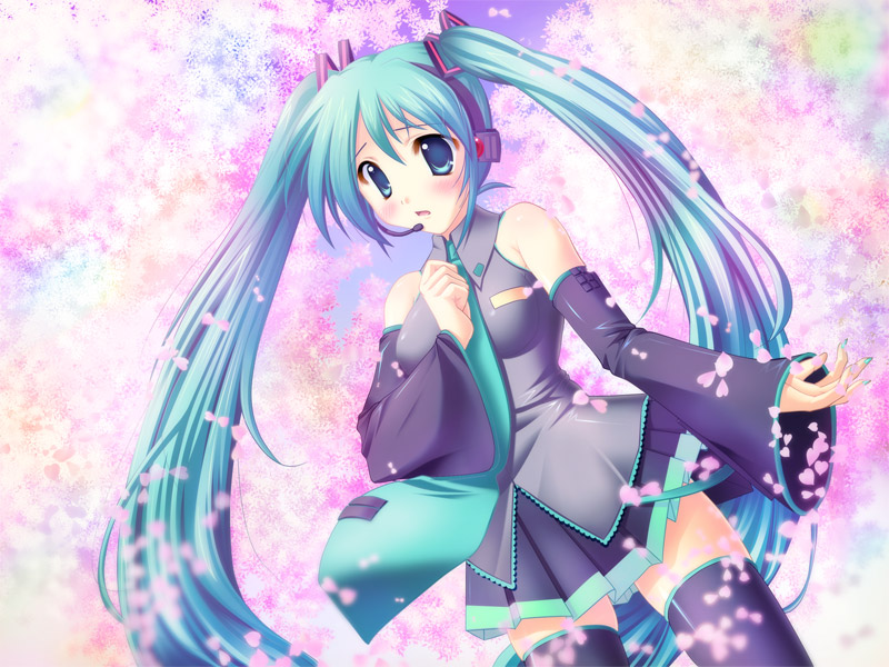 matsunami rumi, hatsune miku, vocaloid, aqua eyes, aqua hair, blush, cherry blossoms, detached sleeves, headset, long hair, necktie, skirt, solo, thighhighs, twintails, very long hair, zettai ryouiki