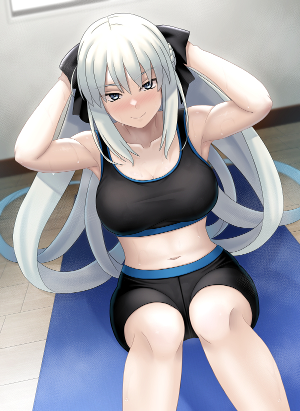 chuppa (katotsuba), morgan le fay (fate), fate/grand order, fate (series), 1girl, black bow, black shorts, black sports bra, blue eyes, blush, bow, braid, breasts, cleavage, exercising, grey hair, hair bow, large breasts, long hair, looking at viewer, navel, ponytail, shorts, sidelocks, sit-up, smile, solo, sports bra, thighs, very long hair, yoga mat