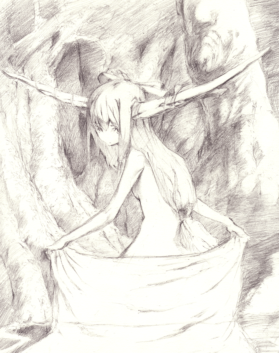 chomoran, ibuki suika, touhou, bad id, bad pixiv id, highres, 1girl, female focus, forest, greyscale, horns, long hair, looking back, monochrome, nature, nude, outdoors, solo, topfreedom, topless female, towel