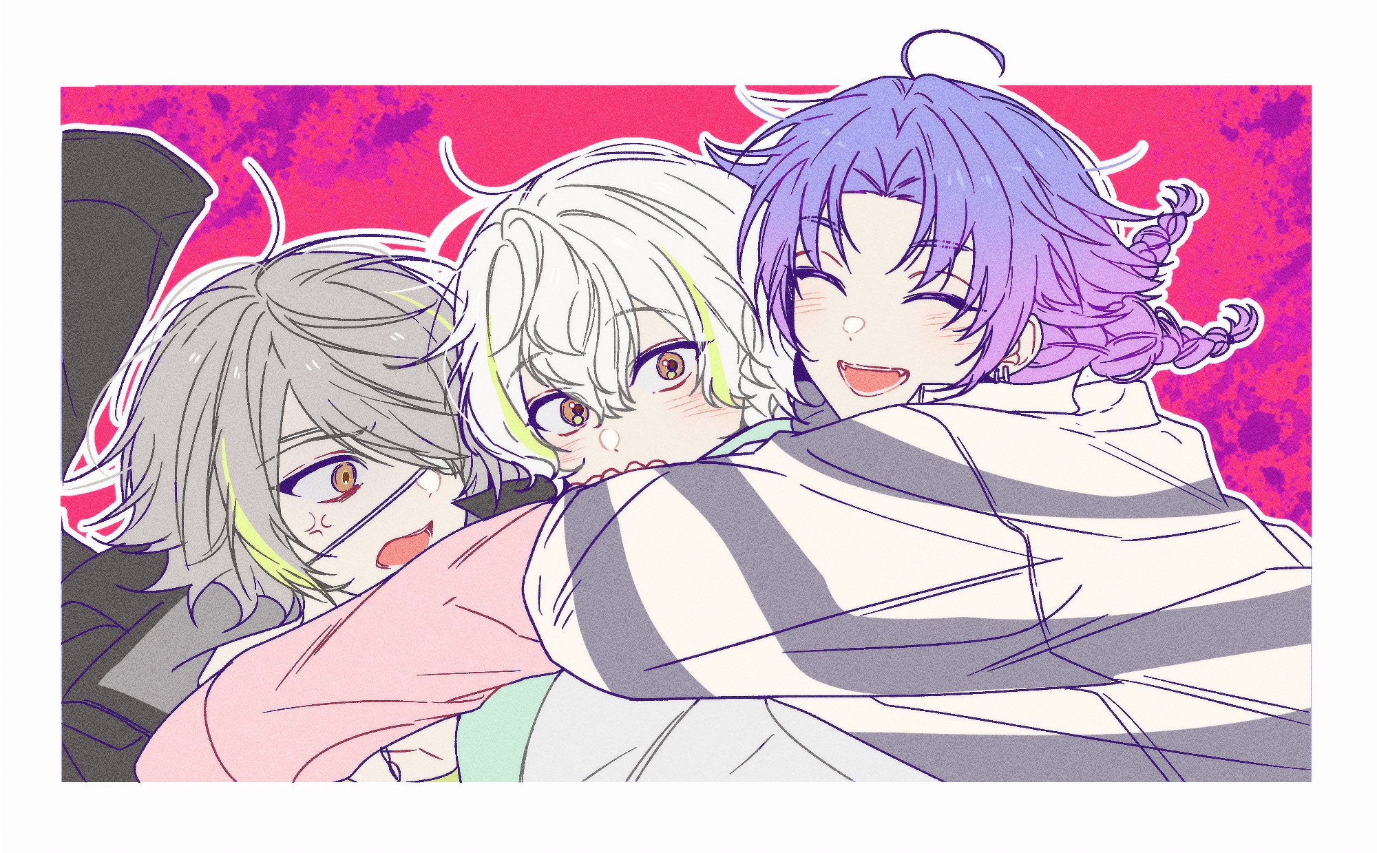 18trip, highres, 3boys, :d, ^ ^, ahoge, anger vein, arms around neck, black jacket, blush, border, braid, brothers, brown eyes, closed eyes, closed mouth, collared shirt, covering own mouth, earrings, eyepatch, fangs, gradient hair, green streaks, grey hair, hair between eyes, hair intakes, hand over own mouth, heads together, hug, hug from behind, jacket, jacket on shoulders, jewelry, layered sleeves, long sleeves, looking at another, looking at viewer, medium hair, multicolored hair, multiple boys, one eye covered, open mouth, outline, outside border, parted bangs, purple hair, shiramitsu ryui, shiramitsu toi, shirt, short hair, short over long sleeves, short sleeves, siblings, simple background, smile, splatter background, streaked hair, striped clothes, surprised, twin braids, upper body, white border, white hair, wide-eyed, yowa netaro