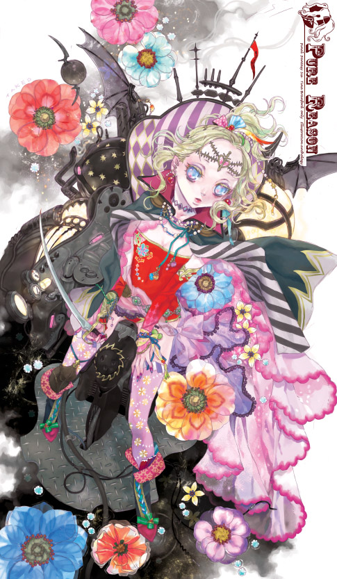 hagihara takeo, tina branford, final fantasy, final fantasy vi, 1990s (style), 1girl, blue eyes, cape, detached sleeves, earrings, female focus, flower, green hair, jewelry, magitek armor, mecha, ponytail, retro artstyle, robot, solo, sword, thighhighs, weapon